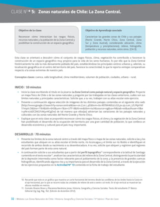 32 / Módulo: Las Zonas Naturales de Chile / Historia, Geografía y Ciencias Sociales / 5° básico / Plan de clase
CLASE NO
° 5:	 Zonas naturales de Chile: La Zona Central.
Esta clase se orientará a descubrir cómo el conjunto de rasgos físicos, clima, vegetación ha contribuido a favorecer la
construcción de un espacio geográfico muy propicio para la vida de los seres humanos. Es por ello que la Zona Central
históricamente ha sido la más densamente poblada del país, estableciéndose los principales centros urbanos y, además, su
localización geográfica en el centro del territorio del país, favorece la conectividad, lo que le reporta ventajas comparativas
respecto a la zonas extremas de nuestro país.
Conceptos claves: cuenca, valle longitudinal, clima mediterráneo, volumen de población, ciudades, urbano - rural.
INICIO / 10 minutos
•	 Inicie la clase escribiendo el título en la pizarra: La Zona Central como paisaje natural y espacio geográfico. Proyecte
un mapa físico de Chile o de las zonas naturales y pregunte por las trabajadas en las clases anteriores, cuáles son sus
límites naturales y principales características. Solicite que, a su vez, trabajen con su atlas escolar este ejercicio.
•	 Presente a continuación alguna selección de imágenes de los distintos paisajes contenidas en el siguiente sitio web:
(http://www.google.cl/search?q=zona+central&bav=on.2,or.r_qf.&bvm=bv.49784469,d.cGE,pv.xjs.s.en_US.MpiVkF
51mpA.O&biw=1164&bih=643&um=1&ie=UTF-8&hl=en&tbm=isch&source=og&sa=N&tab=wi&authuser=0&e
i=pNrxUd2CDKGFiAKyn4GgDw) de tal manera que ellos(as) adviertan las variaciones de los paisajes naturales y
culturales con las zonas naturales del Norte Grande y Norte Chico.
•	 Explique que en esta clase se propondrá reconocer cómo los rasgos físicos, el clima y la vegetación de la Zona Central
han posibilitado el desarrollo de la ocupación del territorio por una gran cantidad de población, lo que conlleva un
desarrollo económico y cultural para el país muy importante.
DESARROLLO / 70 minutos
•	 Presente los límites de la zona natural centro a través del mapa físico o mapa de las zonas naturales, solicite a las y los
estudiantes que ubiquen en su atlas escolar el límite norte, río Aconcagua y el límite sur río Biobío e identifiquen el
recorrido de ambos desde su nacimiento a su desembocadura. A su vez, solicite que ubiquen y registren qué regiones
del país forman parte de esta zona natural.
•	 A continuación solicite a sus estudiantes que a partir del perfil topográfico10
correspondiente a la latitud de Santiago
contenido en el texto escolar11
, analicen las características del relieve de la Zona Central, distinguiendo la particularidad
de la depresión intermedia como factor relevante para el poblamiento de la zona, y la presencia de grandes cuencas
hidrográficas, identificando algunos ríos y su importancia para el desarrollo de la Zona Central, a través de la ejecución
de los ejercicios propuestos en la Actividad N° 13 contenida en la ficha de trabajo del estudiante.
Objetivo de la clase:
Reconocer cómo interactúan los rasgos físicos,
recursos naturales y la población de la Zona Central y
posibilitan la construcción de un espacio geográfico.
Objetivo de Aprendizaje asociado
Caracterizar las grandes zonas de Chile y sus paisajes
(Norte Grande, Norte Chico, Zona Central, Zona
Sur y Zona Austral), considerando ubicación, clima
(temperatura y precipitaciones), relieve, hidrografía,
población y recursos naturales, entre otros. (OA 9).
10.	Recuerde que este es un gráfico que muestra un corte horizontal del terreno desde las cordilleras de los Andes hasta la Costa en
el eje horizontal, por lo que se recorre todas las unidades de relieve de este a oeste o al revés. En el eje vertical se muestran las
alturas medidas en metros.
11.	 Gonzalo Álvarez Bravo y Macarena Barahona Jonas. Historia, Geografía y Ciencias Sociales. Texto del estudiante 5° Básico.
	 Editorial Zig Zag. Pág. 162. (Edición de diciembre 2012).
 
