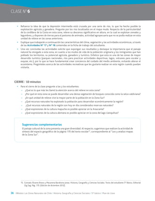 36 / Módulo: Las Zonas Naturales de Chile / Historia, Geografía y Ciencias Sociales / 5° básico / Plan de clase
CLASE NO
6
•	 Refuerce la idea de que la depresión intermedia está cruzada por una serie de ríos, lo que ha hecho posible la
explotación agrícola y ganadera. Pregunte por los ríos localizados en el mapa mudo. Respecto de la particularidad
de la cordillera de la Costa en esta zona, releve su descenso significativo en altura, en la cual se explotan cereales y
legumbres, y disponen de tierras para el pastoreo de animales, actividad agropecuaria que no se podía realizar en esta
unidad de relieve en las zonas anteriores.
•	 Explique que trabajarán a continuación las características del clima, vegetación y las actividades económicas, a través
de las Actividades N° 17 y N° 18 contenidas en la ficha de trabajo del estudiante.
•	 Una vez concluidas las actividades solicite que expongan sus resultados y destaque la importancia que el paisaje
natural ha otorgado a esta zona, en cuanto a los modos de vida de la población originaria y los inmigrantes que han
poblado los territorios, su potencial agrícola, ganadero y turístico. Enfatice que esta es una de las zonas de mayor
desarrollo turístico (parques nacionales, ríos para practicar actividades deportivas, lagos, volcanes para escalar y
esquiar, etc.), por lo que se hace fundamental crear conciencia del cuidado del medio ambiente, evitando alterar el
ecosistema. Pregúnteles acerca de las actividades recreativas que les gustaría realizar en esta región cuando puedan
visitarla.
CIERRE / 10 minutos
•	 Para el cierre de la clase pregunte a las y los estudiantes:
~~ ¿Qué es lo que más les llamó la atención acerca del relieve en esta zona?
~~ ¿Por qué en esta zona se puede desarrollar una densa vegetación de bosques conocida como la selva valdiviana?
~~ ¿En qué unidad de relieve vive la mayor parte de la población en la Zona Sur?
~~ ¿Qué recursos naturales ha explotado la población para desarrollar económicamente la región?
~~ ¿Qué recursos naturales de la región son hoy en día considerados reservas naturales?
~~ ¿Qué expresiones de la cultura mapuche es posible apreciar en la Araucanía?
~~ ¿Qué expresiones de la cultura alemana es posible apreciar en la zona del lago Llanquihue?
Sugerencias complementarias
El paisaje cultural de la zona presenta una gran diversidad. Al respecto, sugerimos que realicen la actividad de
síntesis del espacio geográfico de la página 170 del texto escolar15
, correspondiente al “Leo y analizo mapas
de la Zona Sur”.
15.	 Gonzalo Álvarez Bravo y Macarena Barahona Jonas. Historia, Geografía y Ciencias Sociales. Texto del estudiante 5° Básico. Editorial
Zig Zag. Pág. 170. (Edición de diciembre 2012).
 