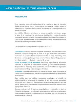 MÓDULO DIDÁCTICO: LAS ZONAS NATURALES DE CHILE
Módulo: Las Zonas Naturales de Chile / Historia, Geografía y Ciencias Sociales / 5° básico / Guía Didáctica / 3
PRESENTACIÓN
En el marco del mejoramiento continuo de las escuelas, el Nivel de Educación
Básica pone a disposición del sistema escolar una serie de módulos didácticos
para apoyar la implementación curricular en diversos cursos y asignaturas de la
educación básica.
Los módulos didácticos constituyen un recurso pedagógico orientado a apoyar
la labor de la escuela en las prácticas de planificación y evaluación escolar,
modelando la implementación efectiva de las Bases Curriculares, fomentando un
clima escolar favorable para el aprendizaje y monitoreando permanentemente el
proceso de aprendizaje de los estudiantes.
Los módulos didácticos presentan la siguiente estructura:
Guía didáctica: consiste en un recurso para el docente que contiene orientaciones
didácticas y propuestas de planes de clases en las que se describen actividades a
realizar con las y los estudiantes para los momentos de inicio, desarrollo y cierre
de clases. Además, aporta sugerencias para monitorear el aprendizaje, organizar
el trabajo colectivo e individual, y recomienda tareas.
Fichas de trabajo para el estudiante: desarrollan algunas de las actividades
señaladas en los planes de clases de los docentes, y dan cuenta de una forma
de presentar los desafíos y tareas pertinentes para avanzar hacia el logro de los
objetivos de aprendizaje propuestos para el módulo.
Evaluación: consiste en instrumentos de evaluación con sus respectivas pautas de
corrección y orientaciones que evalúan los objetivos de aprendizaje desarrollados
en el módulo.
Cabe señalar que los módulos propuestos constituyen un modelo de
implementación y no abarcan la totalidad de los objetivos de aprendizaje
propuestos para cada curso. Los materiales presentan una cobertura curricular
parcial,quelos(as)docentesdeberáncomplementarconsuspropiasplanificaciones
y propuestas didácticas.
De este modo, a través de los recursos pedagógicos mencionados, el Nivel de
Educación Básica espera contribuir a la labor de equipos de liderazgo pedagógico,
docentes y estudiantes de establecimientos de educación básica en el proceso de
implementación curricular.
 