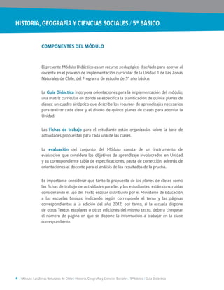 HISTORIA, GEOGRAFÍA Y CIENCIAS SOCIALES / 5° BÁSICO
4 / Módulo: Las Zonas Naturales de Chile / Historia, Geografía y Ciencias Sociales / 5° básico / Guía Didáctica
COMPONENTES DEL MÓDULO
El presente Módulo Didáctico es un recurso pedagógico diseñado para apoyar al
docente en el proceso de implementación curricular de la Unidad 1 de Las Zonas
Naturales de Chile, del Programa de estudio de 5° año básico.
La Guía Didáctica incorpora orientaciones para la implementación del módulo;
una matriz curricular en donde se especifica la planificación de quince planes de
clases; un cuadro sinóptico que describe los recursos de aprendizajes necesarios
para realizar cada clase y el diseño de quince planes de clases para abordar la
Unidad.
Las Fichas de trabajo para el estudiante están organizadas sobre la base de
actividades propuestas para cada una de las clases.
La evaluación del conjunto del Módulo consta de un instrumento de
evaluación que considera los objetivos de aprendizaje involucrados en Unidad
y su correspondiente tabla de especificaciones, pauta de corrección, además de
orientaciones al docente para el análisis de los resultados de la prueba.
Es importante considerar que tanto la propuesta de los planes de clases como
las fichas de trabajo de actividades para las y los estudiantes, están construidas
considerando el uso del Texto escolar distribuido por el Ministerio de Educación
a las escuelas básicas, indicando según corresponde el tema y las páginas
correspondientes a la edición del año 2012, por tanto, si la escuela dispone
de otros Textos escolares u otras ediciones del mismo texto, deberá chequear
el número de página en que se dispone la información a trabajar en la clase
correspondiente.
 