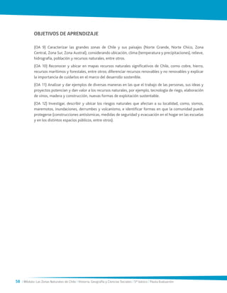 58 / Módulo: Las Zonas Naturales de Chile / Historia, Geografía y Ciencias Sociales / 5° básico / Pauta Evaluación
OBJETIVOS DE APRENDIZAJE
(OA 9) Caracterizar las grandes zonas de Chile y sus paisajes (Norte Grande, Norte Chico, Zona
Central, Zona Sur, Zona Austral), considerando ubicación, clima (temperatura y precipitaciones), relieve,
hidrografía, población y recursos naturales, entre otros.
(OA 10) Reconocer y ubicar en mapas recursos naturales significativos de Chile, como cobre, hierro,
recursos marítimos y forestales, entre otros; diferenciar recursos renovables y no renovables y explicar
la importancia de cuidarlos en el marco del desarrollo sostenible.
(OA 11) Analizar y dar ejemplos de diversas maneras en las que el trabajo de las personas, sus ideas y
proyectos potencian y dan valor a los recursos naturales, por ejemplo, tecnología de riego, elaboración
de vinos, madera y construcción, nuevas formas de explotación sustentable.
(OA 12) Investigar, describir y ubicar los riesgos naturales que afectan a su localidad, como, sismos,
maremotos, inundaciones, derrumbes y volcanismo, e identificar formas en que la comunidad puede
protegerse (construcciones antisísmicas, medidas de seguridad y evacuación en el hogar en las escuelas
y en los distintos espacios públicos, entre otros).
 