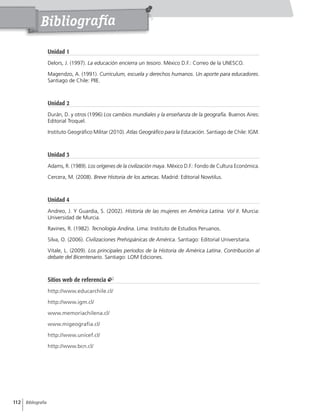 112 Bibliografía
Bibliografía
Unidad 1
Delors, J. (1997). La educación encierra un tesoro. México D.F.: Correo de la UNESCO.
Magendzo, A. (1991). Curriculum, escuela y derechos humanos. Un aporte para educadores.
Santiago de Chile: PIIE.
Unidad 2
Durán, D. y otros (1996) Los cambios mundiales y la enseñanza de la geografía. Buenos Aires:
Editorial Troquel.
Instituto Geográfico Militar (2010). Atlas Geográfico para la Educación. Santiago de Chile: IGM.
Unidad 3
Adams, R. (1989). Los orígenes de la civilización maya. México D.F.: Fondo de Cultura Económica.
Cercera, M. (2008). Breve Historia de los aztecas. Madrid: Editorial Nowtilus.
Unidad 4
Andreo, J. Y Guardia, S. (2002). Historia de las mujeres en América Latina. Vol II. Murcia:
Universidad de Murcia.
Ravines, R. (1982). Tecnología Andina. Lima: Instituto de Estudios Peruanos.
Silva, O. (2006). Civilizaciones Prehispánicas de América. Santiago: Editorial Universitaria.
Vitale, L. (2009). Los principales períodos de la Historia de América Latina. Contribución al
debate del Bicentenario. Santiago: LOM Ediciones.
Sitios web de referencia
http://www.educarchile.cl/
http://www.igm.cl/
www.memoriachilena.cl/
www.migeografia.cl/
http://www.unicef.cl/
http://www.bcn.cl/
 