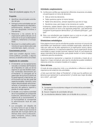 Tema 3
Texto del estudiante páginas 18 y 19
Propósito
•	 Identificar a las principales autorida-
des del país.
•	 Distinguir entre autoridades que son
elegidas (Presidente de la República,
parlamentarios, alcaldes) y otras
que son designadas (ministros e
intendentes).
•	 Relacionar a los actores de la
organización política del país con la
institución en la que se desempeñan
(Gobierno, Parlamento o municipa-
lidad).
•	 Reconocer la unidad político-admi-
nistrativa en que se desenvuelve cada
autoridad (país, región, comuna).
Conocimientos previos
Labor que cumplen algunas institu-
ciones públicas y privadas, y algunos
servicios, en beneficio de la comunidad.
Ampliación de contenidos
•	 El intendente: son los representantes
naturales e inmediatos del Presidente
de la República en cada una de las
regiones en que está dividido el país.
Son nombrados directamente por
el Presidente. Es subrogado por el
gobernador de la provincia asiento de
la capital regional y a falta de este, por
el funcionario de más alto grado del
respectivo escalafón. Asimismo, como
órgano descentralizado administrati-
vamente, el intendente es el órgano
ejecutivo del gobierno regional y
preside el consejo regional.
•	 El Alcalde: es la máxima autoridad
de la municipalidad y le corresponde
la dirección, administración y super-
vigilancia de su funcionamiento. A
la municipalidad le corresponde
la administración local de cada
comuna.
•	 Los concejales: son elegidos de
la misma forma en que se elige al
Alcalde. Su deber es promocionar el
desarrollo del municipio dentro de
diversas áreas como la educación,
salud, transporte, cultura y obras
públicas, entre otros.
Solucionario
1.	 Se espera que los estudiantes indaguen el nombre de las autoridades
de su región.
2.	 Buscan imágenes de autoridades del país.
3.	 Los estudiantes deberían hablar con el Alcalde de su comuna.
Actividades complementarias
1.	 Confeccione cartillas que representen diferentes situaciones vinculadas
a la participación en toma de decisiones:
•	 Sólo yo tomo las decisiones.
•	 Todos queremos opinar al mismo tiempo.
•	 Nadie toma decisiones, siempre esperamos que otro lo haga.
•	 Decidimos cosas, pero luego no las tomamos en cuenta.
Finalmente, pídales debatir sobre los elementos positivos y negativos
de cada situación en torno a las siguientes preguntas: ¿qué elementos
componen la participación democrática? ¿Es necesario participar?, ¿por
qué?
2.	 Pida a sus estudiantes que imaginen que su curso es un país, ¿qué
ministerios crearían?, ¿de qué temas se ocuparían?
Orientaciones metodológicas
Estas páginas buscan que los estudiantes puedan reconocer el conjunto de
autoridades que representan nuestra sociedad organizada, valorando los
roles que cada uno de ellos representa en la organización social y demo-
crática que poseemos. Es importante especificar, que la organización de las
autoridades es según escalas (nacional, regional, local), lo cual requiere de
apoyo sistemático de los docentes, pues puede resultar un tanto complejo
y abstracto para los estudiantes.
Le recomendamos representar y organizar el contenido a través de un
diagrama o mapa conceptual, para que los estudiantes puedan establecer
relaciones entre los conceptos tratados en la página.
Cierre del tema
A través de estas preguntas invite a sus estudiantes a reflexionar sobre la
importancia de la elección de autoridades.
¿Crees que está bien elegir al Presidente? ¿Crees que los políticos son
personas que representan tu pensamiento? ¿Cuándo seas mayor de edad,
vas a votar?, ¿por qué?
21Unidad 1 Nuestra vida en sociedad
 