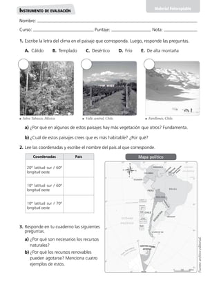 Nombre:
Curso: Puntaje: Nota:
Instrumento de evaluación
1.	Escribe la letra del clima en el paisaje que corresponda. Luego, responde las preguntas.
	 A. Cálido   B. Templado   C. Desértico   D. Frío   E.  De alta montaña
3.	Responde en tu cuaderno las siguientes
preguntas.
a)	¿Por qué son necesarios los recursos
naturales?
b)	¿Por qué los recursos renovables
pueden agotarse? Menciona cuatro
ejemplos de estos.
a)	¿Por qué en algunos de estos paisajes hay más vegetación que otros? Fundamenta.
b)	¿Cuál de estos paisajes crees que es más habitable? ¿Por qué?
2.	Lee las coordenadas y escribe el nombre del país al que corresponde.
Coordenadas País
20º latitud sur / 60º
longitud oeste
10º latitud sur / 60º
longitud oeste
10º latitud sur / 70º
longitud oeste
Mapa político
Fuente:archivoeditorial.
	 Selva Tabasco, México. 	 Valle central, Chile. 	 Farellones, Chile.
Material Fotocopiable
 