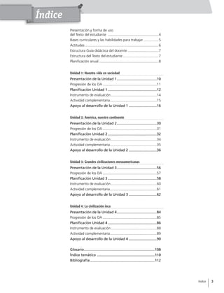 Presentación y forma de uso
del Texto del estudiante ....................................................4
Bases curriculares y las habilidades para trabajar................5
Actitudes...........................................................................6
Estructura Guía didáctica del docente................................7
Estructura del Texto del estudiante.....................................7
Planificación anual.............................................................8
Unidad 1: Nuestra vida en sociedad
Presentación de la Unidad 1.........................................10
Progresión de los OA.......................................................11
Planificación Unidad 1..................................................12
Instrumento de evaluación...............................................14
Actividad complementaria................................................15
Apoyo al desarrollo de la Unidad 1.............................16
Unidad 2: América, nuestro continente
Presentación de la Unidad 2.........................................30
Progresión de los OA.......................................................31
Planificación Unidad 2..................................................32
Instrumento de evaluación...............................................34
Actividad complementaria................................................35
Apoyo al desarrollo de la Unidad 2.............................36
Unidad 3: Grandes civilizaciones mesoamericanas
Presentación de la Unidad 3.........................................56
Progresión de los OA.......................................................57
Planificación Unidad 3..................................................58
Instrumento de evaluación...............................................60
Actividad complementaria................................................61
Apoyo al desarrollo de la Unidad 3.............................62
Unidad 4: La civilización inca
Presentación de la Unidad 4.........................................84
Progresión de los OA.......................................................85
Planificación Unidad 4..................................................86
Instrumento de evaluación...............................................88
Actividad complementaria................................................89
Apoyo al desarrollo de la Unidad 4.............................90
Glosario........................................................................108
Índice temático ...........................................................110
Bibliografía..................................................................112
Índice
3
3Índice
 