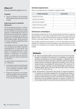 ¿Cómo voy?
Texto del estudiante páginas 60 y 61
Propósito
•	 Aplicar los Objetivos de Aprendizaje
desarrollados hasta este punto de la
Unidad.
Sugerencias para la evaluación
del proceso
Para la actividad de evaluación, verifique
los aprendizajes formalizados en el aula,
así como también los errores que puedan
aparecer en el desarrollo de la misma. Se
pretende que los estudiantes, mediante
las diversas actividades de ubicación y
paisajes que han desarrollado a lo largo
de la Unidad, puedan ubicar puntos en
un mapa y caracterizar geográficamente
un paisaje de América.
Para trabajar la sección se sugiere indicar
a los estudiantes que deben responder
individualmente. A continuación, que
intercambien sus respuestas con su com-
pañero o compañera de banco, quién
revisará lo contestado. Es necesario
asignar un tiempo para que los estu-
diantes reflexionen sobre el resultado de
su evaluación.
Se sugiere además las siguientes accio-
nes niveladoras:
•	 Acompañar el proceso de evaluación
de los estudiantes, haciendo énfasis
en los conceptos de relieve, pobla-
ción, climas y paisajes.
•	 Programar reuniones con los apode-
rados de aquellos alumnos que pre-
senten dificultades y complicaciones
en los procesos de aprendizaje.
Solucionario
1.	 a) – b) Los estudiantes deben reconocer la ubicación del círculo del
Ecuador, el meridiano de Greenwich y los paralelos y meridianos
restantes, pintándolos con los colores asignados. c – d) Deben ubicar
las zonas del continente americano y pintarlas, además nombrar el
océano Pacífico y el Atlántico. e) Entre los meridianos 170º y 20º de
longitud oeste y los paralelos 80º latitud norte y 55º latitud sur. f)
Junto a un adulto, averiguan en qué coordenadas se encuentra su
localidad. g) 50º oeste y 70º norte / 90º este y 60º norte / 70º oeste
y 10º sur / 110º este y 30º sur.
2. a) – b) Describen características del paisaje, la imagen A presenta
un paisaje con abundante vegetación, con presencia de relieve y
construcciones humanas como casas. La imagen B presenta un valle
donde se puede observar la acción humana (camino, espacios para
agricultura y zona poblada). Además, se impone un volcán con
una fumarola visible. En esta última hay más intervención humana.
Nombre del paisaje Característica
Paisaje de clima cálido
Paisaje de clima desértico
Paisaje de clima templado
Paisaje de climas fríos y polares
Paisaje de climas de altura
Orientaciones metodológicas
Para aquellos estudiantes con ritmos de aprendizaje más rápido se sugiere al
docente realizar una actividad complementaria de síntesis, que puede ser la
elaboración de un mapa conceptual donde ocupen los siguientes conceptos:
América, diversidad, paisajes, climas, ríos, población, ciudades, idiomas.
Para aquellos estudiantes que tengan un ritmo de aprendizaje más lento,
pídales que subrayen en el texto las palabras más importantes para com-
prender los contenidos de la Unidad, usted deberá orientarlos en este
trabajo.
Actividad complementaria
Pida a sus estudiantes que completen la siguiente tabla:
48 Guía didáctica del docente
 