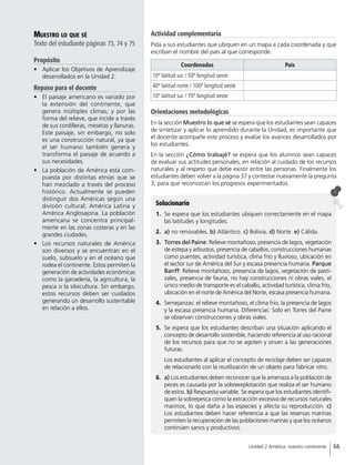 Muestro lo que sé
Texto del estudiante páginas 73, 74 y 75
Propósito
•	 Aplicar los Objetivos de Aprendizaje
desarrollados en la Unidad 2.
Repaso para el docente
•	 El paisaje americano es variado por
la extensión del continente, que
genera múltiples climas; y por las
forma del relieve, que incide a través
de sus cordilleras, mesetas y llanuras.
Este paisaje, sin embargo, no solo
es una construcción natural, ya que
el ser humano también genera y
transforma el paisaje de acuerdo a
sus necesidades.
•	 La población de América está com-
puesta por distintas etnias que se
han mezclado a través del proceso
histórico. Actualmente se pueden
distinguir dos Américas según una
división cultural; América Latina y
América Anglosajona. La población
americana se concentra principal-
mente en las zonas costeras y en las
grandes ciudades.
•	 Los recursos naturales de América
son diversos y se encuentran en el
suelo, subsuelo y en el océano que
rodea el continente. Estos permiten la
generación de actividades económicas
como la ganadería, la agricultura, la
pesca o la silvicultura. Sin embargo,
estos recursos deben ser cuidados
generando un desarrollo sustentable
en relación a ellos.
Actividad complementaria
Pida a sus estudiantes que ubiquen en un mapa a cada coordenada y que
escriban el nombre del país al que corresponde.
Orientaciones metodológicas
En la sección Muestro lo que sé se espera que los estudiantes sean capaces
de sintetizar y aplicar lo aprendido durante la Unidad, es importante que
el docente acompañe este proceso y evalúe los avances desarrollados por
los estudiantes.
En la sección ¿Cómo trabajé? se espera que los alumnos sean capaces
de evaluar sus actitudes personales, en relación al cuidado de los recursos
naturales y al respeto que debe existir entre las personas. Finalmente los
estudiantes deben volver a la página 37 y contestar nuevamente la pregunta
3, para que reconozcan los progresos experimentados.
Solucionario
1.	 Se espera que los estudiantes ubiquen correctamente en el mapa
las latitudes y longitudes.
2.	 a) no renovables. b) Atlántico. c) Bolivia. d) Norte. e) Cálida.
3.	 Torres del Paine: Relieve montañoso, presencia de lagos, vegetación
de estepa y arbustos, presencia de caballos, construcciones humanas
como puentes, actividad turística, clima frío y lluvioso, ubicación en
el sector sur de América del Sur y escasa presencia humana. Parque
Banff: Relieve montañoso, presencia de lagos, vegetación de pasti-
zales, presencia de fauna, no hay construcciones ni obras viales, el
único medio de transporte es el caballo, actividad turística, clima frío,
ubicación en el norte de América del Norte, escasa presencia humana.
4.	 Semejanzas: el relieve montañoso, el clima frío, la presencia de lagos
y la escasa presencia humana. Diferencias: Solo en Torres del Paine
se observan construcciones y obras viales.
5.	 Se espera que los estudiantes describan una situación aplicando el
concepto de desarrollo sostenible, haciendo referencia al uso racional
de los recursos para que no se agoten y sirvan a las generaciones
futuras.
Los estudiantes al aplicar el concepto de reciclaje deben ser capaces
de relacionarlo con la reutilización de un objeto para fabricar otro.
6.	 a) Los estudiantes deben reconocer que la amenaza a la población de
peces es causada por la sobreexplotación que realiza el ser humano
de estos. b) Respuesta variable. Se espera que los estudiantes identifi-
quen la sobrepesca como la extracción excesiva de recursos naturales
marinos, lo que daña a las especies y afecta su reproducción. c)
Los estudiantes deben hacer referencia a que las reservas marinas
permiten la recuperación de las poblaciones marinas y que los océanos
continúen sanos y productivos.
Coordenadas País
10º latitud sur / 50º longitud oeste
40º latitud norte / 100º longitud oeste
10º latitud sur / 70º longitud oeste
55Unidad 2 América, nuestro continente
 