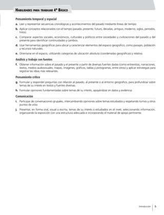 Habilidades para trabajar 4º Básico
Pensamiento temporal y espacial
a.	 Leer y representar secuencias cronológicas y acontecimientos del pasado mediante líneas de tiempo.
b.	 Aplicar conceptos relacionados con el tiempo (pasado, presente, futuro, décadas, antiguo, moderno, siglos, períodos,
hitos).
c.	 Comparar aspectos sociales, económicos, culturales y políticos entre sociedades y civilizaciones del pasado y del
presente para identificar continuidades y cambios.
d.	 Usar herramientas geográficas para ubicar y caracterizar elementos del espacio geográfico, como paisajes, población
y recursos naturales.
e.	 Orientarse en el espacio, utilizando categorías de ubicación absoluta (coordenadas geográficas) y relativa.
Análisis y trabajo con fuentes
f.	 Obtener información sobre el pasado y el presente a partir de diversas fuentes dadas (como entrevistas, narraciones,
textos, medios audiovisuales, mapas, imágenes, gráficos, tablas y pictogramas, entre otros) y aplicar estrategias para
registrar las ideas más relevantes.
Pensamiento crítico
g.	 Formular y responder preguntas con relación al pasado, al presente o al entorno geográfico, para profundizar sobre
temas de su interés en textos y fuentes diversas.
h.	 Formular opiniones fundamentadas sobre temas de su interés, apoyándose en datos y evidencia.
Comunicación
i.	 Participar de conversaciones grupales, intercambiando opiniones sobre temas estudiados y respetando turnos y otros
puntos de vista.
j.	 Presentar, en forma oral, visual o escrita, temas de su interés o estudiados en el nivel, seleccionando información,
organizando la exposición con una estructura adecuada e incorporando el material de apoyo pertinente.
Introducción
5
5
 