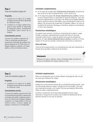 Tema 1
Texto del estudiante página 80
Propósito
•	 Localizar en un mapa o en un globo
terráqueo el área donde se desarrolló
la civilización maya.
•	 Localizar en un mapa o globo terrá-
queo el área donde se desarrolló
la civilización azteca, considerando
Tenochtitlán como centro de su
Imperio.
Conocimientos previos
Conocen los pueblos originarios de
Chile en el periodo precolombino,
expresiones culturales de pueblos indí-
genas presentes en el Chile actual, el
legado indígena y español, y el mapa
político y físico de América Latina.
Tema 2
Texto del estudiante página 81
Propósito
•	 Localizar en un mapa o en un globo
terráqueo el área donde se desarrolló
la civilización maya.
Conocimientos previos
Conocen los pueblos originarios de Chile
en el periodo precolombino; expresiones
culturales de pueblos indígenas presen-
tes en el Chile actual; el legado indígena
y español, y el mapa político y físico de
América Latina. Conocen legado de
griegos y romanos en la Antigüedad.
Solucionario
Observan el mapa y colorean, según simbología dada, las áreas en
las que se localizaron los mayas, aztecas e incas.
Actividades complementarias
1.	 En el mapa de la página 80, Civilizaciones americanas, encierran las
tres zonas en la que se divide América: norte, centro y sur.
2.	 En el mapa de la página 80, Áreas mesoamericana y andina, marcan
la zona mesoamericana y responden la siguiente pregunta: ¿por qué
llamamos Mesoamérica a ese lugar? No olvide que la palabra Mesoa-
mérica significa América intermedia y que comprende la mitad sur de
México, los territorios de Guatemala, El Salvador y Belice, así como el
occidente de Honduras, Nicaragua y Costa Rica. Ayude a sus estudiantes
a inferir esta respuesta.
Orientaciones metodológicas
Se sugiere hacer primero una lectura compartida de la página. Luego,
ínstelos a subrayar individualmente la parte del texto en que está
marcada la idea central. Luego dé espacio para que los estudiantes
observen el mapa Áreas mesoamericana y andina y localicen en él los
lugares en los que las grandes civilizaciones americanas se asentaron.
Cierre del tema
Cierre el tema preguntando a sus estudiantes por qué será importante el
estudio de las grandes civilizaciones de América.
Actividad complementaria
Pida a sus estudiantes que en grupos dibujen el paisaje de cada una de
las zonas que habitaron los mayas.
Orientaciones metodológicas
Indague los conocimientos previos de sus estudiantes preguntando: ¿qué
han escuchado sobre los mayas? ¿Dónde lo han escuchado? ¿Por qué
será importante estudiar a los mayas? Permita que expresen libremente
todas sus ideas y representaciones.
Facilite la comprensión de la diversidad geográfica de los mayas
haciendo un esquema en la pizarra que muestre la distribución de los
distintos sectores en los que se ubicaron.
64 Guía didáctica del docente
 