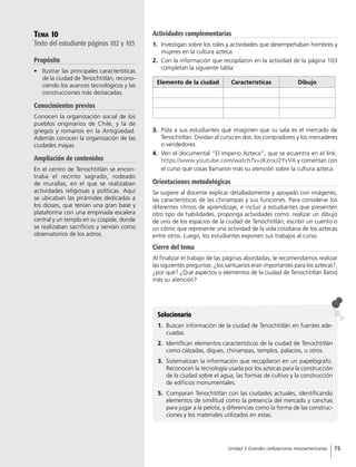 Tema 10
Texto del estudiante páginas 102 y 103
Propósito
•	 Ilustrar las principales características
de la ciudad de Tenochtitlán, recono-
ciendo los avances tecnológicos y las
construcciones más destacadas.
Conocimientos previos
Conocen la organización social de los
pueblos originarios de Chile, y la de
griegos y romanos en la Antigüedad.
Además conocen la organización de las
ciudades mayas.
Ampliación de contenidos
En el centro de Tenochtitlán se encon-
traba el recinto sagrado, rodeado
de murallas, en el que se realizaban
actividades religiosas y políticas. Aquí
se ubicaban las pirámides dedicadas a
los dioses, que tenían una gran base y
plataforma con una empinada escalera
central y un templo en su cúspide, donde
se realizaban sacrificios y servían como
observatorios de los astros.
Solucionario
1.	 Buscan información de la ciudad de Tenochtitlán en fuentes ade-
cuadas.
2.	 Identifican elementos característicos de la ciudad de Tenochtitlán
como calzadas, diques, chinampas, templos, palacios, u otros.
3.	 Sistematizan la información que recopilaron en un papelógrafo.
Reconocen la tecnología usada por los aztecas para la construcción
de la ciudad sobre el agua, las formas de cultivo y la construcción
de edificios monumentales.
5.	 Comparan Tenochtitlán con las ciudades actuales, identificando
elementos de similitud como la presencia del mercado y canchas
para jugar a la pelota; y diferencias como la forma de las construc-
ciones y los materiales utilizados en estas.
3.	 Pida a sus estudiantes que imaginen que su sala es el mercado de
Tenochtitlán. Dividan al curso en dos: los compradores y los mercaderes
o vendedores.
4.	 Ven el documental “El Imperio Azteca”, que se ecuentra en el link:
https://www.youtube.com/watch?v=JKznxJ2YvVA y comentan con
el curso qué cosas llamaron más su atención sobre la cultura azteca.
Orientaciones metodológicas
Se sugiere al docente explicar detalladamente y apoyado con imágenes,
las características de las chinampas y sus funciones. Para considerar los
diferentes ritmos de aprendizaje, e incluir a estudiantes que presenten
otro tipo de habilidades, proponga actividades como: realizar un dibujo
de uno de los espacios de la ciudad de Tenochtitlán; escribir un cuento o
un cómic que represente una actividad de la vida cotidiana de los aztecas
entre otros. Luego, los estudiantes exponen sus trabajos al curso.
Cierre del tema
Al finalizar el trabajo de las páginas abordadas, le recomendamos realizar
las siguientes preguntas: ¿los santuarios eran importantes para los aztecas?,
¿por qué? ¿Qué aspectos o elementos de la ciudad de Tenochtitlán llamó
más su atención?
Elemento de la ciudad Características Dibujo
Actividades complementarias
1.	 Investigan sobre los roles y actividades que desempeñaban hombres y
mujeres en la cultura azteca.
2.	 Con la información que recopilaron en la actividad de la página 103
completan la siguiente tabla:
75Unidad 3 Grandes civilizaciones mesoamericanas
 