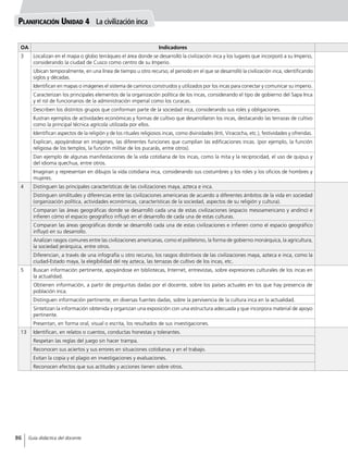 Planificación Unidad 4 La civilización inca
OA Indicadores
3 Localizan en el mapa o globo terráqueo el área donde se desarrolló la civilización inca y los lugares que incorporó a su Imperio,
considerando la ciudad de Cusco como centro de su Imperio.
Ubican temporalmente, en una línea de tiempo u otro recurso, el periodo en el que se desarrolló la civilización inca, identificando
siglos y décadas.
Identifican en mapas o imágenes el sistema de caminos construidos y utilizados por los incas para conectar y comunicar su imperio.
Caracterizan los principales elementos de la organización política de los incas, considerando el tipo de gobierno del Sapa Inca
y el rol de funcionarios de la administración imperial como los curacas.
Describen los distintos grupos que conforman parte de la sociedad inca, considerando sus roles y obligaciones.
Ilustran ejemplos de actividades económicas y formas de cultivo que desarrollaron los incas, destacando las terrazas de cultivo
como la principal técnica agrícola utilizada por ellos.
Identifican aspectos de la religión y de los rituales religiosos incas, como divinidades (Inti, Viracocha, etc.), festividades y ofrendas.
Explican, apoyándose en imágenes, las diferentes funciones que cumplían las edificaciones incas. (por ejemplo, la función
religiosa de los templos, la función militar de los pucarás, entre otros).
Dan ejemplo de algunas manifestaciones de la vida cotidiana de los incas, como la mita y la reciprocidad, el uso de quipus y
del idioma quechua, entre otros.
Imaginan y representan en dibujos la vida cotidiana inca, considerando sus costumbres y los roles y los oficios de hombres y
mujeres.
4 Distinguen las principales características de las civilizaciones maya, azteca e inca.
Distinguen similitudes y diferencias entre las civilizaciones americanas de acuerdo a diferentes ámbitos de la vida en sociedad
(organización política, actividades económicas, características de la sociedad, aspectos de su religión y cultura).
Comparan las áreas geográficas donde se desarrolló cada una de estas civilizaciones (espacio mesoamericano y andino) e
infieren cómo el espacio geográfico influyó en el desarrollo de cada una de estas culturas.
Comparan las áreas geográficas donde se desarrolló cada una de estas civilizaciones e infieren como el espacio geográfico
influyó en su desarrollo.
Analizan rasgos comunes entre las civilizaciones americanas, como el politeísmo, la forma de gobierno monárquica, la agricultura,
la sociedad jerárquica, entre otros.
Diferencian, a través de una infografía u otro recurso, los rasgos distintivos de las civilizaciones maya, azteca e inca, como la
ciudad-Estado maya, la elegibilidad del rey azteca, las terrazas de cultivo de los incas, etc.
5 Buscan información pertinente, apoyándose en bibliotecas, Internet, entrevistas, sobre expresiones culturales de los incas en
la actualidad.
Obtienen información, a partir de preguntas dadas por el docente, sobre los países actuales en los que hay presencia de
población inca.
Distinguen información pertinente, en diversas fuentes dadas, sobre la pervivencia de la cultura inca en la actualidad.
Sintetizan la información obtenida y organizan una exposición con una estructura adecuada y que incorpora material de apoyo
pertinente.
Presentan, en forma oral, visual o escrita, los resultados de sus investigaciones.
13 Identifican, en relatos o cuentos, conductas honestas y tolerantes.
Respetan las reglas del juego sin hacer trampa.
Reconocen sus aciertos y sus errores en situaciones cotidianas y en el trabajo.
Evitan la copia y el plagio en investigaciones y evaluaciones.
Reconocen efectos que sus actitudes y acciones tienen sobre otros.
86 Guía didáctica del docente
 