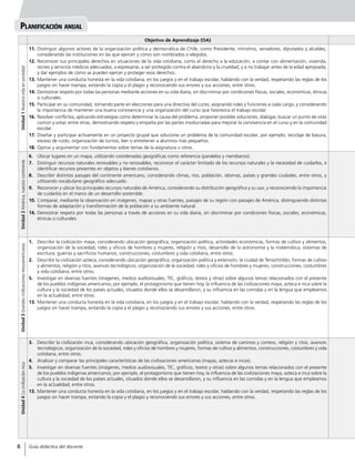Planificación anual
Objetivo de Aprendizaje (OA)
Unidad1Nuestravidaensociedad
11.	Distinguir algunos actores de la organización política y democrática de Chile, como Presidente, ministros, senadores, diputados y alcaldes,
considerando las instituciones en las que ejercen y cómo son nombrados o elegidos.
12.	Reconocer sus principales derechos en situaciones de la vida cotidiana, como el derecho a la educación, a contar con alimentación, vivienda,
recreo y servicios médicos adecuados, a expresarse, a ser protegido contra el abandono y la crueldad, y a no trabajar antes de la edad apropiada;
y dar ejemplos de cómo se pueden ejercer y proteger esos derechos.
13.	Mantener una conducta honesta en la vida cotidiana, en los juegos y en el trabajo escolar, hablando con la verdad, respetando las reglas de los
juegos sin hacer trampa, evitando la copia y el plagio y reconociendo sus errores y sus acciones, entre otros.
14.	 Demostrar respeto por todas las personas mediante acciones en su vida diaria, sin discriminar por condiciones físicas, sociales, económicas, étnicas
o culturales.
15.	Participar en su comunidad, tomando parte en elecciones para una directiva del curso, asignando roles y funciones a cada cargo, y considerando
la importancia de mantener una buena convivencia y una organización del curso que favorezca el trabajo escolar.
16.	 Resolver conflictos, aplicando estrategias como determinar la causa del problema, proponer posibles soluciones, dialogar, buscar un punto de vista
común y votar, entre otras, demostrando respeto y empatía por las partes involucradas para mejorar la convivencia en el curso y en la comunidad
escolar.
17.	Diseñar y participar activamente en un proyecto grupal que solucione un problema de la comunidad escolar; por ejemplo, reciclaje de basura,
exceso de ruido, organización de turnos, leer o entretener a alumnos más pequeños.
18.	Opinar y argumentar con fundamentos sobre temas de la asignatura u otros.
Unidad2América,nuestrocontinente
6.	 Ubicar lugares en un mapa, utilizando coordenadas geográficas como referencia (paralelos y meridianos).
7.	 Distinguir recursos naturales renovables y no renovables, reconocer el carácter limitado de los recursos naturales y la necesidad de cuidarlos, e
identificar recursos presentes en objetos y bienes cotidianos.
8.	 Describir distintos paisajes del continente americano, considerando climas, ríos, población, idiomas, países y grandes ciudades, entre otros, y
utilizando vocabulario geográfico adecuado.
9.	 Reconocer y ubicar los principales recursos naturales de América, considerando su distribución geográfica y su uso, y reconociendo la importancia
de cuidarlos en el marco de un desarrollo sostenible.
10.	Comparar, mediante la observación en imágenes, mapas y otras fuentes, paisajes de su región con paisajes de América, distinguiendo distintas
formas de adaptación y transformación de la población a su ambiente natural.
14.	Demostrar respeto por todas las personas a través de acciones en su vida diaria, sin discriminar por condiciones físicas, sociales, económicas,
étnicas o culturales.
Unidad3Grandescivilizacionesmesoamericanas
1.	 Describir la civilización maya, considerando ubicación geográfica, organización política, actividades económicas, formas de cultivo y alimentos,
organización de la sociedad, roles y oficios de hombres y mujeres, religión y ritos, desarrollo de la astronomía y la matemática, sistemas de
escritura, guerras y sacrificios humanos, construcciones, costumbres y vida cotidiana, entre otros.
2.	 Describir la civilización azteca, considerando ubicación geográfica, organización política y extensión, la ciudad de Tenochtitlán, formas de cultivo
y alimentos, religión y ritos, avances tecnológicos, organización de la sociedad, roles y oficios de hombres y mujeres, construcciones, costumbres
y vida cotidiana, entre otros.
5.	 Investigar en diversas fuentes (imágenes, medios audiovisuales, TIC, gráficos, textos y otras) sobre algunos temas relacionados con el presente
de los pueblos indígenas americanos; por ejemplo, el protagonismo que tienen hoy, la influencia de las civilizaciones maya, azteca e inca sobre la
cultura y la sociedad de los países actuales, situados donde ellos se desarrollaron, y su influencia en las comidas y en la lengua que empleamos
en la actualidad, entre otros.
13.	Mantener una conducta honesta en la vida cotidiana, en los juegos y en el trabajo escolar, hablando con la verdad, respetando las reglas de los
juegos sin hacer trampa, evitando la copia y el plagio y reconociendo sus errores y sus acciones, entre otros.
Unidad4Lacivilizacióninca
3.	 Describir la civilización inca, considerando ubicación geográfica, organización política, sistema de caminos y correos, religión y ritos, avances
tecnológicos, organización de la sociedad, roles y oficios de hombres y mujeres, formas de cultivo y alimentos, construcciones, costumbres y vida
cotidiana, entre otros.
4.	 Analizar y comparar las principales características de las civilizaciones americanas (mayas, aztecas e incas).
5.	 Investigar en diversas fuentes (imágenes, medios audiovisuales, TIC, gráficos, textos y otras) sobre algunos temas relacionados con el presente
de los pueblos indígenas americanos; por ejemplo, el protagonismo que tienen hoy, la influencia de las civilizaciones maya, azteca e inca sobre la
cultura y la sociedad de los países actuales, situados donde ellos se desarrollaron, y su influencia en las comidas y en la lengua que empleamos
en la actualidad, entre otros.
13.	Mantener una conducta honesta en la vida cotidiana, en los juegos y en el trabajo escolar, hablando con la verdad, respetando las reglas de los
juegos sin hacer trampa, evitando la copia y el plagio y reconociendo sus errores y sus acciones, entre otros.
8
Guía didáctica del docente8
 