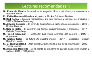 Lecturas recomendadas II
10. Frans de Waal – La edad de la empatía: Somos altruistas por naturaleza –
Booket Ciencia.
11. Pablo Herreros Ubalde – Yo, mono – 2014 – Ediciones Destino.
12.Carl Safina – Mentes maravillosas: Lo que piensan y sienten los animales –
2017 – Galaxia Gutenberg.
13.Antonio Damasio – El error de Descartes: La razón de las emociones – 2013 –
Booket Ciencia.
14.Rob de Salle – El cerebro: Big Bangs, comportamiento y creencias – 2017 –
Galaxia Gutenberg.
15. David Eagleman – Incógnito: Las vidas secretas del cerebro – 2013 –
Anagrama.
16. Michio Kaku – El futuro de nuestra mente – 2017 – Debolsillo, Penguin
Random House.
17. B. Jack Copeland – Alan Turing: El pionero de la era de la información – 2012 –
Turner Noema.
18.Alexandra Horowitz – En la mente de un perro: lo que los perros ven, huelen y
saben – 2013 – RBA Libros.
 
