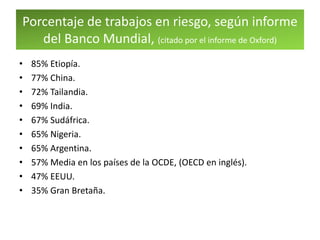 Porcentaje de trabajos en riesgo, según informe
del Banco Mundial, (citado por el informe de Oxford)
• 85% Etiopía.
• 77% China.
• 72% Tailandia.
• 69% India.
• 67% Sudáfrica.
• 65% Nigeria.
• 65% Argentina.
• 57% Media en los países de la OCDE, (OECD en inglés).
• 47% EEUU.
• 35% Gran Bretaña.
 