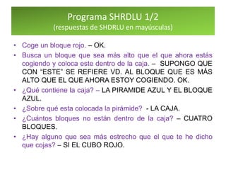 Programa SHRDLU 1/2
(respuestas de SHDRLU en mayúsculas)
• Coge un bloque rojo. – OK.
• Busca un bloque que sea más alto que el que ahora estás
cogiendo y coloca este dentro de la caja. – SUPONGO QUE
CON “ESTE” SE REFIERE VD. AL BLOQUE QUE ES MÁS
ALTO QUE EL QUE AHORA ESTOY COGIENDO. OK.
• ¿Qué contiene la caja? – LA PIRAMIDE AZUL Y EL BLOQUE
AZUL.
• ¿Sobre qué esta colocada la pirámide? - LA CAJA.
• ¿Cuántos bloques no están dentro de la caja? – CUATRO
BLOQUES.
• ¿Hay alguno que sea más estrecho que el que te he dicho
que cojas? – SI EL CUBO ROJO.
 