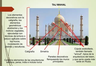 TAJ MAHAL
Los elementos
decorativos son la
caligrafía, los
elementos
geométricos
abstractos y los
motivos vegetales,
ejecutadas con
técnicas de pintura o
estuco aplicado sobre
los muros,
incrustación de
piedras y esculturas.
Caligrafía
Combina elementos de las arquitecturas
islámica, persa, india e incluso turca
Cúpula acebollada,
también llamada
"amrud", típica de la
arquitectura del Islam,
y que sería usada más
tarde en Rusia.
Paneles decorativos
flanqueando los muros
principales
Simetría
 