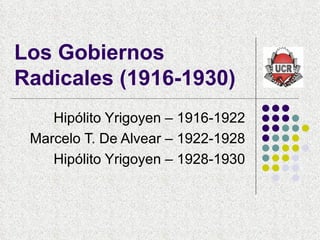 Los Gobiernos Radicales (1916-1930) Hipólito Yrigoyen – 1916-1922 Marcelo T. De Alvear – 1922-1928 Hipólito Yrigoyen – 1928-1930 