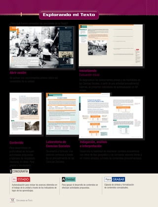 Explorando mi Texto
¿Para qué fueron pensadas las secciones de tu Texto?

1

Unidad

I nicializando

1 2 3 4 5 6 7

ABRIR sesión
n

Venta callejera de comida, alrededor del 1900.

Desde los últimos años del siglo XIX, ya era evidente en
Chile el contraste entre la riqueza del pequeño sector social que obtenía los beneficios generados por la
industria salitrera y las precarias condiciones de vida de
los trabajadores. Este escenario afectó paulatinamente
la estabilidad del país y se proyectó hasta las primeras
décadas del siglo XX. En el ámbito social, la postergación
de las necesidades de los sectores medios y populares;
en el aspecto económico, la fragilidad de la exportación
del salitre producto de los vaivenes internacionales y,
en el ámbito político, la falta de capacidad ejecutiva
de los gobiernos, fueron los rasgos característicos que
presentó la denominada crisis del parlamentarismo. Esta
desembocó en procesos de organización política de los
trabajadores, en dictaduras que se autoproclamaban
como solución a la inestabilidad y en el lento regreso
al régimen presidencial, bajo el protagonismo de Arturo
Alessandri Palma.

1 2 3 4 5 6 7

Te invitamos a realizar la evaluación inicial o diagnóstica. En ella ejercitarás la habilidad de relacionar, que reforzarás en las secciones Analizando disco y Verificando
disco, en las páginas 37 y 58.
Lee la visión de Valentín Letelier y observa la fotografía relacionada con el período histórico que se inició en Chile hacia fines del siglo XIX y se extendió hasta comienzos del XX.
A continuación resuelve la actividad.

HABILIDAD: RELACIONAR

Crisis del
parlamentarismo
e irrupción de
nuevos actores
sociales

Evaluación inicial

La habilidad de relacionar
consiste en identificar
vínculos entre dos o más
elementos a partir de un
criterio.

¿QUÉ PROCEDIMIENTO DEBO
REALIZAR PARA RELACIONAR?
1. Observar e identificar la(s)
fuente(s) de información.

“[…] no digo yo que lo hecho por la burguesía sea malo. Lo que digo es que de
entre las necesidades sociales que han reclamado la atención de los gobiernos, casi
no se han satisfecho más que aquellas que interesaban al estado superior de cultura
política y se han dejado en el mayor abandono aquellas cuya satisfacción interesaba
más vivamente a los pobres.
Tal es la obra de las clases gobernantes”.

1. Describe la crítica que Valentín Letelier hizo a las clases gobernantes de la época.

2. Identifica a qué grupo social pertenecían los gobernantes de ese período histórico.

Valentín Letelier. (1896). “Los pobres”. En La Ley, Órgano del Partido Radical. Santiago

2. Identificar la idea principal
de cada fuente.
3. Establecer vínculos entre
las fuentes a partir del
criterio establecido.

3. Describe las condiciones de vida de las lavanderas.

Observa las imágenes de estas dos páginas y responde
las preguntas.
1. ¿Qué grupos sociales están retratados en las
fotografías?
2. ¿Qué diferencias se habrán dado en las condiciones
de vida de estos grupos sociales?
3. ¿Qué habrá motivado este contraste en la sociedad
chilena del período?
4. ¿Cuál sería el perfil público del hombre que saluda?

4. Identifica a qué sector social pertenecían las lavanderas de Valparaíso, a partir de lo
observado en la fotografía.

Mi ESTADO
En esta actividad:
•

¿Qué me resultó más
fácil? ¿Qué aspectos
influyeron
en ello?

•

¿Qué me resultó más
difícil? ¿Cómo lo he
resuelto?

•

¿Qué pasos seguí para
relacionar ambas fuentes?

•

¿De qué otra manera
podría haber resuelto el
ítem 5?

•

5. Relaciona la obra de las clases gobernantes, según lo descrito por Letelier, con las condiciones de vida y de trabajo de las lavanderas de Valparaíso presentes en la fotografía.

¿Cómo explicaría con mis
propias palabras en qué
consiste la habilidad de
relacionar?

Retrato de lavanderas en el patio de un conventillo en Valparaíso hacia 1900.

El 1° de agosto de 1900, Enrique Mac Iver pronunció su famoso discurso "La crisis moral de la República". En él, planteaba interrogantes
en torno a la situación del país y a los nuevos problemas que se estaban presentando. Lee el siguiente fragmento y reflexiona junto a él
sobre ¿cuáles son los desafíos que enfrentaba Chile al comenzar el siglo XX?
"Permítaseme ahora formular una cuestión. En un país nuevo, cuyo fomento y cuyo progreso dependen más de la iniciativa y del esfuerzo
del poder público que de la iniciativa y del esfuerzo particular, en que se desperdicia el tiempo y se malgastan los ingentes recursos
que hubieran de destinarse a aquellos objetos, ¿se cumple la función gubernativa? ¿Se atienden debidamente los grandes intereses
nacionales? Y si no atienden estos intereses ni se cumple esa función, ¿hay moralidad pública?
(...) Señalar el mal es hacer un llamamiento para estudiarlo y conocerlo y el conocimiento de él es un comienzo de la enmienda. Una sola
fuerza puede extirparlo, es la de la opinión pública, la voluntad social encaminada a ese fin; y para formar esa opinión y convertirla en
voluntad dispuesta a obrar, hay que poner de manifiesto la llaga que nos debilita ahora y nos amenaza para el futuro y hay que hacer sentir
los estímulos del deber y del patriotismo y aun los del interés por el propio bienestar".
Te invitamos a descubrir en este capítulo por qué la irrupción de nuevos actores reestructuró Chile durante la primera mitad
del siglo XX.

Grupo familiar, 1921.

Arturo Alessandri Palma se dirige a sus adherentes desde un balcón
de La Moneda, 1925.

14 UNIDAD 1 • CRISIS DEL PARLAMENTARISMO E IRRUPCIÓN DE NUEVOS ACTORES SOCIALES

HISTORIA, GEOGRAFÍA Y CIENCIAS SOCIALES 3.º MEDIO

Se activan los conocimientos previos sobre los
contenidos de la unidad.

1 2 3 4 5 6 7

Un modelo de debate
¿Qué es un debate?
Un debate es una discusión de opiniones contrapuestas en torno a un tema. En las competencias escolares de debate
se utiliza un modelo en que dos o más partes defienden tesis contrarias en relación con un tema controversial. El objetivo es convencer a un jurado de que las ideas propias poseen mayor peso argumentativo que las defendidas por la
contraparte. Los debates deben circunscribirse a una serie de normas estipuladas para asegurar que la defensa de las
tesis se realice por medio de un intercambio de argumentos y evitar la descalificación u otras expresiones agresivas.

¿Quiénes participan en un debate?
Contendores
Una o más personas encargadas de representar
las posturas antagónicas.

Jurado
Miembros que dirimen cuál es el
participante vencedor. Es ideal que
se constituya en un número impar.

¿Cómo preparar un debate?
Tras conocer la postura que les corresponde, los contendores deben:

• Investigar acerca del tema a debatir. Esto implica indagar y conocer la mayor parte de los aspectos involucrados en

Trabajadores del salitre. Antofagasta, 1915.

1. Señala qué elementos de la imagen permiten deducir las precarias condiciones del
trabajo salitrero.
2. Compara las condiciones laborales de aquella época con las actuales. ¿Se mantienen?
Fundamenta.

el tema controversial para así formular los argumentos que sostendrán la tesis del grupo. Además, permite aventurar la defensa de la tesis del equipo contrincante, lo que ayuda a elaborar contraargumentos.
• Crear un discurso argumentativo. La información recopilada se debe organizar de manera tal que sea transformada en un discurso claro, coherente y atractivo para la audiencia. Para esto es necesario identificar, clasificar y
jerarquizar la información con la que se cuenta.
Los componentes de un discurso argumentativo son:
• La tesis: Es la postura adoptada por cada contendor frente a la controversia propuesta.
• Los argumentos: Son los razonamientos que sostienen la tesis, con el fin de convencer
al interlocutor y, en este caso, también al jurado.

A ctividad 4
Desde mediados del siglo XIX la habitación se transformó en un gran problema urbano. En los márgenes
de las ciudades se establecieron ranchos o habitaciones
hechas con materiales de desecho. En el centro urbano se masificaron los cuartos redondos, habitaciones
ventiladas solamente por la puerta, y los conventillos,
conformados por largas hileras de piezas separadas por
un angosto pasillo o antiguas casonas subdivididas en
piezas para arrendarlas.
1. ¿Qué elementos de la imagen permiten afirmar que las
condiciones de vida popular eran deficientes? Explica.
2. Investiga qué eran los cités.

¿Cómo realizar el debate?
Los participantes deben conocer las reglas que rigen el debate y los criterios con los que el jurado pondera los argumentos. Los criterios de evaluación deben traducirse en una pauta de corrección con la que el jurado califica diversos
ítems, como el respeto al reglamento o la coherencia entre los argumentos, contraargumentos y las tesis. El desarrollo
del debate se organiza en cuatro fases:
1. Etapa de argumen- 2. Etapa de elaboración de los 3. Etapa de refutación: 4. Etapa de cierre: Cada
tación: Cada equicontraargumentos: Los conCada grupo intenta desequipo refrenda la valipo expone la tesis
tendores analizan su propia
estimar los argumentos
dez de su tesis frente a los
defendida y entrega
exposición y la del grupo
esgrimidos por el equipo
contraargumentos hechos
los argumentos que
contrario con el fin de precontrario y resaltar los
por la oposición y realiza
la avalan.
parar la etapa de refutación.
méritos de los propios.
una conclusión general.
Conventillo de principios del siglo XX.

Finalmente, el jurado revisa sus pautas, las completa y determina el grupo triunfador.

1 2 3 4 5 6 7

Las siguientes fuentes históricas contienen diferentes posturas relativas a las causas y soluciones de
la “cuestión social” en Chile. Te invitamos a debatir a partir de las siguientes preguntas:
• ¿Fue correcto el diagnóstico que se propuso?
• ¿Fueron adecuadas las enmiendas que se recomendaban?

El impacto del auge salitrero
sobre las tierras cultivadas en Chile

A lo largo de la unidad te has podido familiarizar con diferentes tablas o cuadros estadísDebate 1
ticos. En la presente sección aprenderás a reconocer los elementos básicos que tiene un
El sacerdote Carlos Casanueva planteaba en la Revista Católica ideas propias del Partido Conservador.
cuadro estadístico, y una forma de análisis para comprender la información que entrega.
“Alejada más que nunca la multitud trabajadora de la religión que la esclarecía y daba fuerzas
En este caso, te presentamos tres cuadros estadísticos que, para un mismo período, prey a la vez abundancia terrena, hoy sufre más que nunca en su espíritu y cuerpo. Entre todas
sentan información relativa a la ocupación laboral en las salitreras, el tráfico marítimo de
las obras de caridad que hemos de practicar para con esa multitud trabajadora, sin duda que
productos agropecuarios hacia la zona del Norte Grande y la superficie nacional ocupada
la más necesaria y la más útil ha de ser la caridad de la educación cristiana.
por trigo y frijoles. Han sido escogidos porque permiten entender cómo los cambios a nivel
La obra que falta en el plan de la educación popular, ycaciones de tipo geográfico.
económico presionan modifi que urge cuanto antes establecer es la organización conveniente del aprendizaje del oficio: la escuela de artes y oficios, verdaderamente
católica, y cuya organización corresponde realmente a las necesidades que viene a remediar”.

I

Ampliando
MEMORIA

Moderador
Individuo que aplica las normas establecidas con el objetivo de garantizar
el correcto desarrollo del debate.

Organiza un debate en torno a la “cuestión social”

ndagación, análisis e interpretación

El nuevo contexto propició el desarrollo de un conjunto de desequilibrios laborales,
habitacionales, educacionales y de higiene, que los observadores de la época sintetizaron, tal como había sucedido en Europa, como la “cuestión social”. El país poseía uno
de los índices de mortalidad infantil más altos del mundo. Las condiciones de trabajo
en las industrias eran muy duras, pues no existía una mayor regulación legal sobre las
condiciones laborales: el horario podía sobrepasar las 12 horas diarias; el trabajo infantil
era habitual, y no había protección en caso de enfermedades o accidentes. Asimismo, no
existía reconocimiento legal para la formación de sindicatos ni para iniciar una huelga.
A todos estos problemas debemos sumar el de la inflación galopante que afectó al país.

Componentes de un cuadro estadístico
Título: Indica el contenido
DebateVariables: Corresponden a las
2
Personas ocupadas en las salitreras,
conceptual y la referencia
magnitudes o criterios que se da
Luis Emilio Recabarren felicitaba a Abdón Díaz, líder de la Mancomunal de Iquique, por promoverespacial.
años seleccionados 1905-1918
temporal y una
huelga, a los valoresaoconsolidar las organizaciones políticas de los Personas trabajadores.
e instaba datos del cuadro.
propios ocupadas
Año
“¿Cómo es posible Señala la
Columna matriz: que siendo el obrero el que saca de la tierra las 600 grandes riquezas, seade datos: Contiene la
1905
30 más
Cuerpo
tan pobre y miserable que muchas veces no tiene un pan para sus hijos? […]. Por otra parte, específica que
referencia temporal.
información
1913
53 200
se ha acostumbrado hasta hoy que los obreros den su voto al primer caballero que se presenta cada variable, en la
surge de
1918
57 000
a solicitarlos o pagarlos, y después de llegado al Congreso van a hacer causa común con los medida precisada.
unidad de
que explotan o son ellos mismos los explotadores. Si el obrero quiere enviar representantes al
Congreso o municipio,Una vez reconocidos la estructura y los componentes del cuadro podemos iniciar su exploración,
debe enviar a sus propios compañeros, debe enviar a obreros que son
interpretación intereses y nunca dan sus votos a los que son sus oprelos únicos que saben representar sus y análisis. Una primera operación implica la identificación horizontal de datos:
sores. La emancipación de los trabajadores debe ser obra de los mismos trabajadores. Nunca
Personas los ricos. Trabajemos, pero
más al servicio de los amos, de los patrones, deocupadas en las salitreras, para nosotros”.
Adaptado años seleccionados(1902). "Carta a Abdón Díaz". En El Trabajo. Iquique.
de Luis Emilio Recabarren. 1905-1918

Año

Personas ocupadas

1905
30 600
Propuesta de debate: “Para mejorar sus condiciones de vida, los trabajadores de- 1905 hubo 30 600
El año
ben estar representados políticamente1913 personas de su53 200 clase social”.
por
misma
personas ocupadas en las
1918

Año

Personas ocupadas
30 600

1913

53 200

1918

57 000

68,2
145,8

1918

99,8
Adaptado desde Carmen Cariola y Osvaldo Sunkel. (1982).
Historia económica de Chile 1830-1930. Madrid.

En la zona salitrera, la cantidad de operarios aumentó de 30 600 en el año 1905 a 57 000
en el año 1918. Esta creciente población, que provenía de múltiples regiones y países,
demandó una considerable cantidad de alimentos, para satisfacer una dieta alimentaria
acorde a la rudeza del trabajo minero realizado. Esto explica que el cabotaje de productos agropecuarios en la zona del Norte Grande haya tenido un aumento notable entre el
año 1905 y 1913, en que las compras aumentaron a 145,8 millones de pesos. Si bien el
comercio disminuyó hacia 1918 respecto del anteriormente mencionado, esto se debió
fundamentalmente a los desequilibrios provocados por el contexto internacional, por
lo que de todos modos se puede afirmar que la tendencia se mantuvo.

SÍNTESIS

A ctividad 20
A continuación te mostramos un cuadro estadístico que presenta la superficie nacional
cultivada con trigo y frijoles entre los años 1905 y 1918. Te invitamos a responder la
siguiente pregunta en tu cuaderno: ¿Qué situaciones pudieron influir en el aumento de
la cantidad de hectáreas cultivadas de trigo y frijoles entre los años mencionados? Para
responder debes utilizar también los datos y las conclusiones del análisis de los cuadros
anteriores.

Bienio

sucedieron los hechos) y fuentes secundarias (son las interpretaciones hechas por historiadores que sirven para
Personas ocupadas en las salitreras,
realizar nuevas investigaciones).

Año

Cabotaje de productos agropecuarios

1905
1913

Superficie nacional cultivada con trigo y frijoles,
período 1904-1918 (en miles de hectáreas)

salitreras.

57 000

Una segunda acción corresponde a la comparación de datos. Para realizar esto es necesario
identificar las similitudes o diferencias que se producen entre distintos momentos, que
Fuente histórica: Todo objeto, documento o evidencia material que contiene información útil para el análisis
puede expresarse en mantención, aumento o disminución:
histórico. De acuerdo a su origen, se clasifican en fuentes primarias (se han elaborado en el momento en el que

Mientras que en 1905 hubo
30 600 ocupados en las salitreras,

HISTORIA, GEOGRAFÍA Y CIENCIAS SOCIALES 3.º MEDIO
en 1913 hubo 53 200.

Por tanto, existió un aumento de
trabajadores en tal rubro entre los
años especificados.

25

1904-1905
1912-1913
1917-1918

Para desarrollarlo en
profundidad se incluyen
actividades propuestas
y laterales de Ampliando
memoria, En línea, Para
grabar y Vocabulario.

Hectáreas
Trigo:409
Frijoles:317
Trigo:446
Frijoles:442
Trigo:521
Frijoles:589

HISTORIA, GEOGRAFÍA Y CIENCIAS SOCIALES 3.º MEDIO

43

Laboratorio de
Ciencias Sociales

Indagación, análisis
e interpretación

Se enseña a formular una
posición personal a través
de un procedimiento de las
Ciencias Sociales.

Desarrolla la habilidad de relacionar cambios económicos
con otros de tipo geográfico y de comparar visiones frente a
un mismo proceso, a través de contenidos procedimentales.

I conografía
Mi ESTADO
Autoevaluación para revisar los avances obtenidos en
el trabajo de la unidad a través de los indicadores de
logro de los aprendizajes.

12 Explorando mi Texto

Socializa con un grupo de
compañeros o compañeras
los resultados que obtuviste
en la actividad. Compárenlos
y rectifiquen los eventuales
errores de procedimiento.
Finalmente, elaboren en
conjunto una síntesis del
contenido aprendido, a partir
del análisis realizado.

Adaptado desde Carmen Cariola y Osvaldo Sunkel. (1982).
Historia económica de Chile 1830-1930. Madrid.

42 UNIDAD 1 • CRISIS DEL PARLAMENTARISMO E IRRUPCIÓN DE NUEVOS ACTORES SOCIALES

Contenido

Cabotaje: Tráfico marítimo
en las costas de un país
determinado.

Cabotaje interno de productos agropecuarios al Norte Grande,
período 1905-1918 (en millones de pesos de 1913)

Aprendiendo a interpretar cuadros estadísticos

1905

24 UNIDAD 1 • CRISIS DEL PARLAMENTARISMO E IRRUPCIÓN DE NUEVOS ACTORES SOCIALES

Un último paso consiste en realizar inferencias, es decir, generalizaciones o conclusiones lógicas a partir de la información presentada. Esto significa que los datos entregados
pueden servir para apoyar ideas más amplias que las que se pueden desprender del
mismo cuadro, lo que, a su vez, implica manejar información no explicitada en él. Esta
puede ser obtenida a partir de la contrastación entre cuadros estadísticos diferentes o
con otras fuentes de información.
Ejemplo: ¿Cómo explicar el comportamiento del comercio de cabotaje de productos
agropecuarios al Norte Grande entre 1905 y 1918, al considerar los factores de consumo
e importación de los mismos productos?

Adaptado de Presbítero Carlos Casanueva. (1902). “Una obra urgente de caridad”. En La Revista Católica, N° 14 y 15. Santiago.

Lo primero que debemos reconocer son la estructura y los componentes internos de cada cuadro. Todos deben de oficios en talleres es el medio fundamental
Propuesta de debate: “El aprendizajetener un título, que indique el contenido conceptual que se presentará, con
para la superación una referencia temporal y espacial. Además, debe exponer las variables, que son las magnitudes
de la 'cuestión social'”.
o criterios en los que se expresan los datos, la columna matriz, que es generalmente la referencia
temporal, y los datos concretos expresados en la medida especificada en el cuerpo de la tabla.

años seleccionados 1905-1918

22 UNIDAD 1 • CRISIS DEL PARLAMENTARISMO E IRRUPCIÓN DE NUEVOS ACTORES SOCIALES

17

Se diagnostican los conocimientos previos y las habilidades de
las Ciencias Sociales, a partir de una actividad procedimental.
Además, se presentan indicadores de autoevaluación en Mi
estado.

L aboratorio de Ciencias Sociales

La “cuestión social”

Durante el período
parlamentario algunas
leyes mejoraron en algo las
condiciones de vida de los
sectores populares. En 1906
se aprobó la primera ley de
habitaciones obreras; en 1907
se estableció el domingo
como día de descanso legal,
y en 1914 se promulgó la “ley
de la silla”, que obligaba
a mantener un número
suficiente de asientos para los
trabajadores.

HISTORIA, GEOGRAFÍA Y CIENCIAS SOCIALES 3.º MEDIO

Inicializando
Evaluación inicial

Abrir sesión

Inflación galopante:
Incremento en el nivel de
precios en un porcentaje
mayor a dos dígitos, en el
período de un año.

16 UNIDAD 1 • CRISIS DEL PARLAMENTARISMO E IRRUPCIÓN DE NUEVOS ACTORES SOCIALES

15

A ctividad
Para apoyar el desarrollo de contenidos se
efectúan actividades propuestas.

Para GRABAR
Cápsula de síntesis y formalización
de contenidos conceptuales.

 