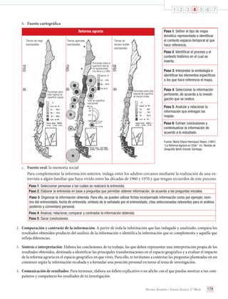 1 2 3 4 5 6 7
b.	 Fuente cartográfica
Paso 1: Definir el tipo de mapa
temático representado e identificar
el contexto espacio-temporal al que
hace referencia.

Reforma agraria
Tierras de riego
expropiadas

Tierras agricolas
expropiadas

Tierras de
secano arable
expropiadas

Paso 2: Identificar el proceso y el
contexto histórico en el cual se
inserta.

Porcentaje sobre la
superficie total de
las explotaciones
con tierra a a 1965.

Paso 3: Interpretar la simbología e
identificar los elementos específicos
a los que hace referencia el mapa.
Porcentaje sobre total
regional de superficie
de secano arable.

Porcentaje sobre
total regional de
superficie regada.
Total de superficie
expropiada

Paso 4: Seleccionar la información
pertinente, de acuerdo a la investigación que se realice.
Paso 5: Analizar y relacionar la
información que entregan los
mapas.
Paso 6: Extraer conclusiones y
contextualizar la información de
acuerdo a lo estudiado.
Fuente: María Eliana Henríquez Reyes. (1987).
“La Reforma Agraria en Chile”. En: Revista de
Geografía Norte Grande, Santiago.

c.	 Fuente oral: la memoria social
	 Para complementar la información anterior, indaga entre los adultos cercanos mediante la realización de una entrevista a algún familiar que haya vivido entre las décadas de 1960 y 1970 y que tengan recuerdos de este proceso.
Paso 1: Seleccionar personas a las cuáles se realizará la entrevista.
Paso 2: Elaborar la entrevista en base a preguntas que permitan obtener información, de acuerdo a las preguntas iniciales.
Paso 3: Organizar la información obtenida. Para ello, se pueden utilizar fichas incorpornado información como por ejemplo: nombre del entrevistado, fecha de entrevista, síntesis de lo señalado por el entrevistado, citas seleccionadas relevantes para el análisis
posterior y comentario personal.
Paso 4: Analizar, relacionar, comparar y contrastar la información obtenida.
Paso 5: Sacar conclusiones.

2.	 Comparación y contraste de la información: A partir de toda la información que has indagado y analizado, compara los
resultados obtenidos producto del análisis de la información e identifica la información que se complementa y aquella que
refleja diferencias.
3.	 Síntesis e interpretación: Elabora las conclusiones de tu trabajo, las que deben representar una interpretación propia de los
resultados obtenidos, destinada a identificar las principales transformaciones en el espacio geográfico y a evaluar el impacto
de la reforma agraria en el espacio geográfico en que vives. Para ello, te invitamos a contestar las preguntas planteadas en un
comienzo según la información recabada y a formular una posición personal en torno al tema de investigación.
4.	 Comunicación de resultados: Para terminar, elabora un folleto explicativo o un afiche con el que puedas mostrar a tus compañeros y compañeras los resultados de tu investigación.
Historia, Geografía y Ciencias Sociales 3.º Medio

179

 