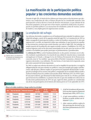 La masificación de la participación política
popular y las crecientes demandas sociales
Durante el siglo XX, el interés de los chilenos por tomar parte en las decisiones que afectarían a sus condiciones de vida y al futuro del país fue en considerable aumento. Esta
participación se hacía efectiva a través de diversos mecanismos, ya que además de las
elecciones populares, en las que esta se hizo masiva, aumentó la sindicación y la participación en partidos políticos y en asociaciones de estudiantes, juntas de vecinos, centros
de madres y una amplia gama de organizaciones sociales.

La ampliación del sufragio

	 Jóvenes votan en una elección de
la Federación de Estudiantes de la
Universidad Católica en 1971.

A ctividad 25

Las reformas electorales cumplieron un rol fundamental para entender la explosiva masividad del sufragio, a partir de la segunda mitad del siglo XX. La Constitución de 1925 ya
había consagrado la participación política a todos los hombres mayores de 21 años que
supiesen leer y escribir, sin importar la labor que realizaban, lo que terminó por sepultar
la discriminación censitaria que existió durante casi todo el siglo XIX. Sin embargo, la
amplia mayoría de la población aún seguía excluida: mujeres y analfabetos. En 1935, las
mujeres lograron votar en las elecciones municipales de ese año, pero fue recién en 1949
cuando se las habilitó para poder participar en parlamentarias y presidenciales.
La reforma de 1958 se centró fundamentalmente en dos puntos: terminar con el cohecho, mediante su penalización y la creación de una cédula de votación única y numerada
entregada por el Estado, y derogar la Ley de Defensa Permanente de la Democracia,
conocida como la "ley maldita", que proscribió al Partido Comunista y eliminó de los
registros electorales a sus militantes. De esta forma, el voto tanto de la izquierda como
del centro aumentó de forma importante.
En 1962 se realizó una reforma electoral en la cual se simplificó la inscripción y se exigió la
obligatoriedad de esta para trámites no-políticos, como por ejemplo para pagar contribuciones, salir del país y obtener empleo, lo que provocó la expansión del electorado. La integración al sufragio de los sectores más pobres y marginados de la sociedad chilena ayudó a
inclinar la balanza hacia los cambios estructurales desde 1964 hasta 1973. En 1970 se aprobó una nueva reforma, que disminuyó la edad mínima para votar de 21 a 18 años y permitió
que lo hicieran los analfabetos. La primera elección en que esta medida tuvo efecto fue en
las elecciones parlamentarias de 1973, las que, según los datos, pueden ser consideradas
una de las más participativas de la historia del sistema previo al 11 de septiembre de 1973.

Observa la tabla estadística y luego realiza la actividad.
Año

Tipo de elección Potencial electoral

N° de
inscritos

N° de
votantes

% de
abstención

1958

Presidente

3 566 433

1 497 902

1 235 619

17,51

1961

Congreso

3 884 654

1 858 807

1 339 828

27,92

1964

Presidente

4 105 944

2 915 220

2 512 045

13,83

1965

Congreso

4 270 182

2 920 804

2 282 608

21,91

1970

Presidente

5 197 862

3 791 840

2 923 129

22,91

1973

Congreso

5 594 239

4 510 075

3 686 986

18,25

Adaptado de Ricardo Nazer y Jaime Rosemblit. (2000). “Electores, sufragio y democracia en Chile: una mirada histórica”.
En Mapocho Nº 48. Santiago.

180 Unidad 4 • El período de las transformaciones estructurales	

1.	 ¿Cuál fue la tendencia del porcentaje de inscritos respecto al potencial
electoral entre 1958 y 1973? Infiere.
2.	 ¿A qué causas políticas, sociales y
jurídicas se puede atribuir este fenómeno? Explica.
3.	 ¿Qué contexto político explica la
alta participación electoral en las
elecciones parlamentarias de 1973?
Relaciona.

 