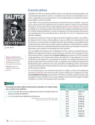 Economía salitrera

	 Cartel salitrero.

Rentas ordinarias de la
nación: Ingresos periódicos
y regulares del Estado
garantizados por una
recaudación sistemática.
Inflación: Elevación
sostenida del nivel de
precios.

Alrededor de 1910, la economía chilena tenía una orientación monoexportadora y de
“crecimiento hacia afuera”, es decir, se centraba en la venta de un solo producto al exterior y dependía de esas exportaciones. Su eje fundamental era la industria salitrera
desarrollada en el Norte Grande.
Entre 1880 y 1910, la exportación del salitre aumentó de manera constante. A pesar de
que la mayor parte de la explotación de este nitrato estaba en manos de inversionistas
extranjeros, el crecimiento de las ventas significó que las rentas ordinarias de la nación
se triplicaran en el mismo período. El incremento de los ingresos obtenidos por el Estado se debió, fundamentalmente, al cobro de impuestos a las exportaciones del mineral,
cuya participación en las entradas fiscales se elevó del 4,7 % al 51,3 % durante las tres
décadas señaladas.
El ingreso de cuantiosas sumas de dinero permitió al gobierno aplicar una política
de expansión de servicios y obras públicas, lo que se reflejó en la extensión de la red
ferroviaria, en el aumento de los establecimientos educacionales y en la ampliación de
la administración estatal. Por otro lado, según el académico J. Gabriel Palma, se multiplicaron las industrias, fundamentalmente las de tipo liviano; por ejemplo, la textil y la
alimentaria, para satisfacer las demandas del norte salitrero.
Tras el estallido de la Primera Guerra Mundial en 1914, se inició un período de inestabilidad en la industria del salitre, caracterizado por ciclos de crisis y de auge. El cierre
del mercado alemán y la aparición del nitrato sintético provocaron, en 1914, la primera
caída significativa en la exportación salitrera del siglo XX. Al año siguiente, su uso en
la fabricación de explosivos y la demanda de los países en conflicto permitieron una
pronta recuperación en los niveles de venta y se lograron cifras inéditas de exportación.
Finalizada la guerra, sobrevino una crisis económica mundial que afectó nuevamente
la exportación del salitre. Estos períodos de crisis eran acompañados por altos índices
de desocupación laboral.
En esta misma época, otro fenómeno perjudicó a amplios sectores de la población
nacional: la inflación. Esta fue provocada en gran medida por la adopción de la inconvertibilidad monetaria, que permitía a los bancos introducir papel moneda sin la
necesidad de tener respaldo en oro, lo que condujo a la presencia de una gran cantidad
de billetes y, con ello, a la devaluación de la moneda.

A ctividad 2
De acuerdo a lo leído, analiza la información contenida en el cuadro estadístico y resuelve en tu cuaderno.
1.	 Identifica los dos años en que se registraron las menores entradas fiscales en
aduana, por pago de impuestos.
2.	 Señala los motivos que explicarían este descenso.

Ingresos fiscales por concepto de aduana
(1910-1920) en miles de US$
1910

46 907,70

1911

42 311

1912

42 961,50

1913

44 833,40

1914

31 964,40
32 749,20

1916

49 855,50

1917

57 146

1918

65 545,50

1919

24 453,40

1920

20 Unidad 1 • Crisis del parlamentarismo e irrupción de nuevos actores sociales	

Ingresos

1915

Adaptado desde Carmen Cariola y Osvaldo Sunkel. (1982).
Historia económica de Chile 1830-1930. Madrid.

Año

39 969,70

 