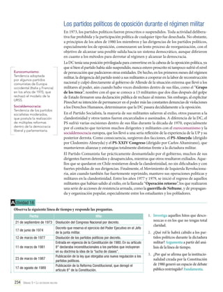 Los partidos políticos de oposición durante el régimen militar
En 1973, los partidos políticos fueron proscritos o suspendidos. Toda actividad deliberativa fue prohibida y la participación política de cualquier tipo fue desechada. No obstante,
a principios de los años de 1980 los miembros y las dirigencias de los partidos políticos,
especialmente los de oposición, comenzaron un lento proceso de reorganización, con el
objetivo de alcanzar una posible salida hacia un sistema democrático, aunque difirieron
en cuanto a los métodos para derrotar al régimen y alcanzar la democracia.
La DC tenía una posición privilegiada para convertirse en la cabeza de la oposición política, ya
que si bien el partido había sido suspendido, nunca estuvo proscrito ni tampoco sufrió el nivel
de persecución que padecieron otras entidades. De hecho, en los primeros meses del régimen
militar, la dirigencia del partido instó a sus militantes a cooperar en la labor de reconstrucción
nacional y culpó directamente al gobierno de Allende de la situación extrema que llevó a los
militares al poder, aún cuando hubo voces disidentes dentro de sus filas, como el “Grupo
de los trece”, nombre con el que se conoce a 13 militantes que dos días después del golpe
de Estado firmaron una declaración pública de rechazo al mismo. Sin embargo, al explicitar
Pinochet su intención de permanecer en el poder más las constantes denuncias de violaciones
a los Derechos Humanos, determinaron que la DC pasara decididamente a la oposición.
En el Partido Socialista, la mayoría de sus militantes salieron al exilio, otros pasaron a la
clandestinidad y otros tantos fueron encarcelados o asesinados. A diferencia de la DC, el
PS sufrió varias escisiones dentro de sus filas durante la década de 1970, especialmente
por el contacto que tuvieron muchos dirigentes y militantes con el eurocomunismo y la
socialdemocracia europea, que los llevó a una seria reflexión de la experiencia de la UP y su
posterior derrota. Como consecuencia, surgieron dos facciones, el PS-Almeyda (dirigido
por Clodomiro Almeyda) y el PS-XXIV Congreso (dirigido por Carlos Altamirano), que
mantuvieron alianzas y estrategias totalmente distintas frente a la dictadura militar.
El Partido Comunista fue prácticamente desmantelado por el gobierno, muchos de sus
dirigentes fueron detenidos y desaparecidos, mientras que otros resultaron exiliados. Aquellos que se quedaron en Chile resistieron desde la clandestinidad, no sin dificultades y con
fuertes pérdidas de sus dirigencias. Finalmente, el Movimiento de Izquierda Revolucionaria, aún cuando también fue fuertemente reprimido, mantuvo sus operaciones políticas y
militares en la clandestinidad. Entre los años 1977 y 1979, se inició el regreso de aquellos
militantes que habían salido al exilio, en la llamada “Operación retorno”, los que realizaron
una serie de acciones de resistencia armada, como la guerrilla de Neltume, y de propaganda y organización popular, especialmente entre los estudiantes y los pobladores.

Eurocomunismo:
Tendencia adoptada
por algunos partidos
comunistas de Europa
occidental (Italia y Francia)
en los años de 1970, que
rechazó el modelo de la
URSS.
Socialdemocracia:
Tendencia de los partidos
socialistas moderados,
que postula la realización
de múltiples reformas
dentro de la democracia
liberal y parlamentaria.

A ctividad 16
Observa la siguiente línea de tiempo y responde las preguntas.
Fecha

Hito

21 de septiembre de 1973 Disolución del Congreso Nacional por decreto.
17 de junio de 1974
12 de marzo de 1977
11 de marzo de 1981
23 de marzo de 1987
17 de agosto de 1989

Decreto que reserva el ejercicio del Poder Ejecutivo en el Jefe
de la junta militar.
Disolución de los partidos políticos por decreto.
Entrada en vigencia de la Constitución de 1980. En su artículo
8° declaraba inconstitucionales a los partidos que incluyeran
en su doctrina la idea de la “lucha de clases”.
Publicación de la ley que otorgaba una nueva regulación a los
partidos políticos.
Publicación de la Reforma Constitucional, que derogó el
artículo 8° de la Constitución.

234 Unidad 5 • La dictadura militar	

1.	 Investiga aquellos hitos que desconozcas o en los que no tengas total
claridad.
2.	 ¿Qué rol le habrá cabido a los partidos políticos durante la dictadura
militar? Argumenta a partir del análisis de la línea de tiempo.
3.	 ¿Por qué se afirma que la institucionalidad creada por la Constitución
de 1980 generó un espacio de debate
público restringido? Fundamenta.

 