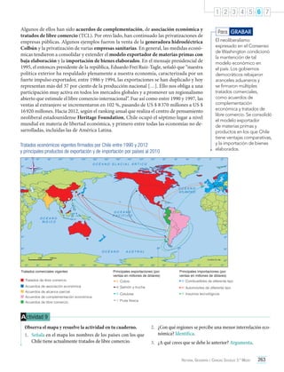 1 2 3 4 5 6 7
Algunos de ellos han sido acuerdos de complementación, de asociación económica y
tratados de libre comercio (TCL). Por otro lado, han continuado las privatizaciones de
empresas públicas. Algunos ejemplos fueron la venta de la generadora hidroeléctrica
Colbún y la privatización de varias empresas sanitarias. En general, las medidas económicas tendieron a consolidar y extender el modelo exportador de materias primas con
baja elaboración y la importación de bienes elaborados. En el mensaje presidencial de
1995, el entonces presidente de la república, Eduardo Frei Ruiz-Tagle, señaló que “nuestra
política exterior ha respaldado plenamente a nuestra economía, caracterizada por un
fuerte impulso exportador, entre 1986 y 1994, las exportaciones se han duplicado y hoy
representan más del 37 por ciento de la producción nacional […]. Ello nos obliga a una
participación muy activa en todos los mercados globales y a promover un regionalismo
abierto que estimule el libre comercio internacional”. Fue así como entre 1990 y 1997, las
ventas al extranjero se incrementaron en 102 %, pasando de US $ 8 370 millones a US $
16 920 millones. Hacia 2012, según el ranking anual que realiza el centro de pensamiento
neoliberal estadounidense Heritage Foundation, Chile ocupó el séptimo lugar a nivel
mundial en materia de libertad económica, y primero entre todas las economías no desarrolladas, incluidas las de América Latina.
Tratados económicos vigentes firmados por Chile entre 1990 y 2012
y principales productos de exportación y de importación por países al 2010

Para GRABAR
El neoliberalismo
expresado en el Consenso
de Washington condicionó
la mantención de tal
modelo económico en
el país. Los gobiernos
democráticos rebajaron
aranceles aduaneros y
se firmaron múltiples
tratados comerciales,
como acuerdos de
complementación
económica y tratados de
libre comercio. Se consolidó
el modelo exportador
de materias primas y
productos en los que Chile
tiene ventajas comparativas,
y la importación de bienes
elaborados.

N

90º

Tratados comerciales vigentes
Tratados de libre comercio
Acuerdos de asociación económica
Acuerdos de alcance parcial

Acuerdos de complementación económica
Acuerdos de libre comercio

Principales exportaciones (por
ventas en millones de dólares)

53º

Principales importaciones (por
ventas en millones de dólares)

Cobre

Combustibles de diferente tipo

Salmón y trucha

Automóviles de diferente tipo

Celulosa

Insumos tecnológicos

Fruta fresca

A ctividad 9
Observa el mapa y resuelve la actividad en tu cuaderno.
1.	 Señala en el mapa los nombres de los países con los que
Chile tiene actualmente tratados de libre comercio.

2.	 ¿Con qué regiones se percibe una menor interrelación económica? Identifica.
3.	 ¿A qué crees que se debe lo anterior? Argumenta.
Historia, Geografía y Ciencias Sociales 3.º Medio

263

 