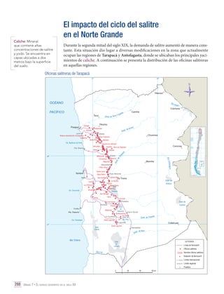 El impacto del ciclo del salitre
en el Norte Grande
Caliche: Mineral
que contiene altas
concentraciones de salitre
y yodo. Se encuentra en
capas ubicadas a dos
metros bajo la superficie
del suelo.

Durante la segunda mitad del siglo XIX, la demanda de salitre aumentó de manera constante. Esta situación dio lugar a diversas modificaciones en la zona que actualmente
ocupan las regiones de Tarapacá y Antofagasta, donde se ubicaban los principales yacimientos de caliche. A continuación se presenta la distribución de las oficinas salitreras
en aquellas regiones.

Oficinas salitreras de Tarapacá
N

20º

21º

288 Unidad 7 • El espacio geográfico en el siglo XX	

 