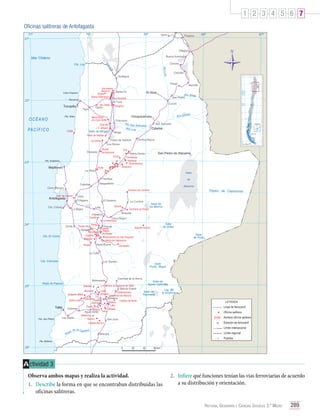 1 2 3 4 5 6 7
Oficinas salitreras de Antofagasta

N

A ctividad 3
Observa ambos mapas y realiza la actividad.
1.	 Describe la forma en que se encontraban distribuidas las
oficinas salitreras.

2.	 Infiere qué funciones tenían las vías ferroviarias de acuerdo
a su distribución y orientación.

Historia, Geografía y Ciencias Sociales 3.º Medio

289

 