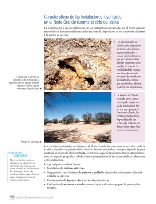 Características de las instalaciones levantadas
en el Norte Grande durante el ciclo del salitre
La distribución y las características de las instalaciones levantadas en el Norte Grande
respondieron fundamentalmente a dos factores: la disposición de los depósitos salitreros
y la aridez de la zona.

•	 Los yacimientos de

salitre están dispuestos
en forma de extensos
mantos ubicados a
escasa profundidad, lo
que permitió realizar
labores mineras en un
amplio territorio. La
posibilidad de realizar
este tipo de minería
favoreció la instalación
de múltiples centros
que explotaban el nitrato de forma simultánea.

El caliche, por lo general, se
encuentra a dos metros bajo la
superficie, pero en algunos sectores
es posible hallarlo a pocos
centímetros de profundidad.

•	 La aridez del Norte

Grande tuvo como
principal consecuencia la limitación del
sector agropecuario.
Como resultado, los
centros productivos
dependían de las
ventas de nitrato, sin
desarrollar otras funciones económicas.

Pampa del Tamarugal.

Ampliando
MEMORIA
Muchos de los centros
salitreros se ubicaron en
la Pampa del Tamarugal,
zona desértica donde existe
el tamarugo, árbol de
mediana altura que obtiene
agua de algunos ríos de
curso subterráneo.

Los cambios territoriales ocurridos en el Norte Grande fueron consecuencia directa de la
explotación salitrera, pero también de otros factores asociados, como por ejemplo, la gran
cantidad de mano de obra empleada, en torno a la que se realizó una intensa transformación del espacio geográfico debido a sus requerimientos de servicios públicos, alimentos
e infraestructura.
Los principales cambios fueron:
•	 Instalación de oficinas salitreras.
•	 Surgimiento o crecimiento de puertos y poblados destinados únicamente a las actividades de servicio.
•	 Construcción de ferrocarriles y otras infraestructuras.
•	 Utilización de recursos naturales como el agua y el tamarugo para la producción
minera.

290 Unidad 7 • El espacio geográfico en el siglo XX	

 