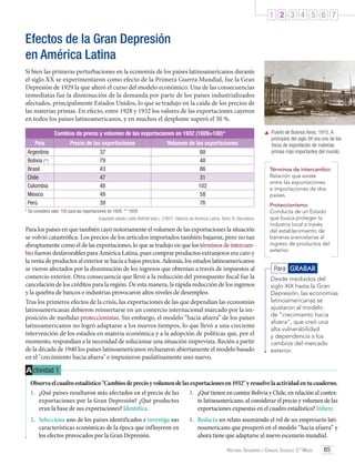 1 2 3 4 5 6 7

Efectos de la Gran Depresión
en América Latina
Si bien las primeras perturbaciones en la economía de los países latinoamericanos durante
el siglo XX se experimentaron como efecto de la Primera Guerra Mundial, fue la Gran
Depresión de 1929 la que alteró el curso del modelo económico. Una de las consecuencias
inmediatas fue la disminución de la demanda por parte de los países industrializados
afectados, principalmente Estados Unidos, lo que se tradujo en la caída de los precios de
las materias primas. En efecto, entre 1928 y 1932 los valores de las exportaciones cayeron
en todos los países latinoamericanos, y en muchos el desplome superó el 50 %.
Cambios de precio y volumen de las exportaciones en 1932 (1928=100)*
País
Argentina
Bolivia (**)
Brasil
Chile
Colombia
México
Perú

Precio de las exportaciones
37
79
43
47
48
49
39

Volumen de las exportaciones
88
48
86
31
102
58
76

* Se considera valor 100 para las exportaciones de 1928. ** 1929.
Adaptado desde Leslie Bethell (eds.). (1997). Historia de América Latina. Tomo XI. Barcelona.

Para los países en que también cayó notoriamente el volumen de las exportaciones la situación
se volvió catastrófica. Los precios de los artículos importados también bajaron, pero no tan
abruptamente como el de las exportaciones, lo que se tradujo en que los términos de intercambio fueron desfavorables para América Latina, pues comprar productos extranjeros era caro y
la venta de productos al exterior se hacía a bajos precios. Además, los estados latinoamericanos
se vieron afectados por la disminución de los ingresos que obtenían a través de impuestos al
comercio exterior. Otra consecuencia que llevó a la reducción del presupuesto fiscal fue la
cancelación de los créditos para la región. De esta manera, la rápida reducción de los ingresos
y la quiebra de bancos e industrias provocaron altos niveles de desempleo.
Tras los primeros efectos de la crisis, las exportaciones de las que dependían las economías
latinoamericanas debieron reinsertarse en un comercio internacional marcado por la imposición de medidas proteccionistas. Sin embargo, el modelo “hacia afuera” de los países
latinoamericanos no logró adaptarse a los nuevos tiempos, lo que llevó a una creciente
intervención de los estados en materia económica y a la adopción de políticas que, por el
momento, respondían a la necesidad de solucionar una situación imprevista. Recién a partir
de la década de 1940 los países latinoamericanos rechazaron abiertamente el modelo basado
en el "crecimiento hacia afuera" e impusieron paulatinamente uno nuevo.

	 Puerto de Buenos Aires, 1915. A
principios del siglo XX era uno de los
focos de exportación de materias
primas más importantes del mundo.
Términos de intercambio:
Relación que existe
entre las exportaciones
e importaciones de dos
países.
Proteccionismo:
Conducta de un Estado
que busca proteger la
industria local a través
del establecimiento de
barreras arancelarias al
ingreso de productos del
exterior.

Para GRABAR
Desde mediados del
siglo XIX hasta la Gran
Depresión, las economías
latinoamericanas se
ajustaron al modelo
de “crecimiento hacia
afuera”, que creó una
alta vulnerabilidad
y dependencia a los
cambios del mercado
exterior.

A ctividad 1
Observa el cuadro estadístico "Cambios de precio y volumen de las exportaciones en 1932" y resuelve la actividad en tu cuaderno.
1.	 ¿Qué países resultaron más afectados en el precio de las
3.	 ¿Qué tienen en común Bolivia y Chile, en relación al contexexportaciones por la Gran Depresión? ¿Qué productos
to latinoamericano, al considerar el precio y volumen de las
eran la base de sus exportaciones? Identifica.
exportaciones expuestas en el cuadro estadístico? Infiere.
2.	 Selecciona uno de los países identificados e investiga sus
características económicas de la época que influyeron en
los efectos provocados por la Gran Depresión.

4.	 Redacta un relato asumiendo el rol de un empresario latinoamericano que prosperó en el modelo “hacia afuera” y
ahora tiene que adaptarse al nuevo escenario mundial.
Historia, Geografía y Ciencias Sociales 3.º Medio

65

 
