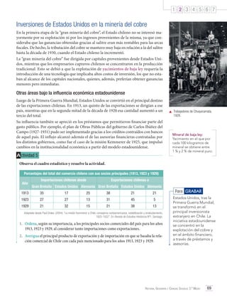 1 2 3 4 5 6 7

Inversiones de Estados Unidos en la minería del cobre
En la primera etapa de la “gran minería del cobre”, el Estado chileno no se interesó mayormente por su explotación ni por los ingresos provenientes de la misma, ya que consideraba que las ganancias obtenidas gracias al salitre eran más rentables para las arcas
fiscales. De hecho, la tributación del cobre se mantuvo muy baja en relación a la del salitre
hasta la década de 1930, cuando el Estado chileno la incrementó.
La “gran minería del cobre” fue dirigida por capitales provenientes desde Estados Unidos, mientras que los empresarios cupreros chilenos se concentraron en la producción
tradicional. Esto se debió a que la explotación de yacimientos de baja ley requería la
introducción de una tecnología que implicaba altos costos de inversión, los que no estaban al alcance de los capitales nacionales, quienes, además, preferían obtener ganancias
menores pero inmediatas.

Otras áreas bajo la influencia económica estadounidense
Luego de la Primera Guerra Mundial, Estados Unidos se convirtió en el principal destino
de las exportaciones chilenas. En 1913, un quinto de las exportaciones se dirigían a ese
país, mientras que en la segunda mitad de la década de 1920 esa cantidad aumentó a un
tercio del total.
Su influencia también se apreció en los préstamos que permitieron financiar parte del
gasto público. Por ejemplo, el plan de Obras Públicas del gobierno de Carlos Ibáñez del
Campo (1927-1931) pudo ser implementado gracias a los créditos contraídos con bancos
de aquel país. El influjo alcanzó además el de las asesorías financieras contratadas por
los distintos gobiernos, como fue el caso de la misión Kemmerer de 1925, que impulsó
cambios en la institucionalidad económica a partir del modelo estadounidense.

A ctividad 5

	 Trabajadores de Chuquicamata,
1928.

Mineral de baja ley:
Yacimiento en el que por
cada 100 kilogramos de
mineral se obtiene entre
1 % y 2 % de mineral puro.

Observa el cuadro estadístico y resuelve la actividad.
Porcentajes del total del comercio chileno con sus socios principales (1913, 1923 y 1929)
Año

Importaciones chilenas desde

Exportaciones chilenas a

Gran Bretaña Estados Unidos Alemania Gran Bretaña Estados Unidos Alemania

1913

35

17

25

38

21

21

1923

27

27

13

31

45

5

1929

21

32

15

21

38

13

Adaptado desde Paul Drake. (2004). “La misión Kemmerer a Chile: consejeros norteamericanos, estabilización y endeudamiento,
1925-1932”. En Revista de Estudios Históricos Nº1. Santiago.

1.	 Ordena, según su importancia, a los principales socios comerciales del país para los años
1913, 1923 y 1929, al considerar tanto importaciones como exportaciones.
2.	 Averigua el principal producto de exportación y de importación en que se basaba la relación comercial de Chile con cada país mencionado para los años 1913, 1923 y 1929.

Para GRABAR
Estados Unidos, tras la
Primera Guerra Mundial,
se transformó en el
principal inversionista
extranjero en Chile. La
iniciativa estadounidense
se concentró en la
explotación del cobre y
en el ámbito financiero,
a través de préstamos y
asesorías.

Historia, Geografía y Ciencias Sociales 3.º Medio

69

 