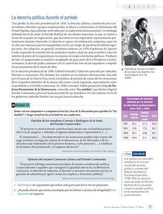 1 2 3 4 5 6 7

La derecha política durante el período
Tras perder la elección presidencial de 1938, la derecha chilena, constituida por conservadores, liberales y grupos empresariales, se abocó a contrarrestar el reformismo del
Frente Popular, especialmente motivados por su tradicional anticomunismo. La estrategia
utilizada fue la de aislar al Partido Radical de sus aliados marxistas, lo que se realizó a
través de su poder de negociación, que descansó en una importante representación parlamentaria durante el período. La derecha se opuso a la sindicación campesina, pues vio
en ella una amenaza para la tranquilidad social y un riesgo de paralización laboral agropecuaria. Sus esfuerzos, en general, resultaron exitosos: en 1939 el gobierno de Aguirre
Cerda suspendió la constitución de sindicatos rurales y dejó sin marco jurídico claro los
intentos de parte de la izquierda por incorporar al campo a las luchas políticas. Producto
de esto, el campesinado se mantuvo marginado de gran parte de los beneficios sociales.
Asimismo, la derecha pudo continuar con el control del voto de los inquilinos e impedir
el encarecimiento de la mano de obra.
En la elección presidencial de 1946, Gabriel González Videla fue apoyado por radicales,
liberales y comunistas. No obstante, los cambios en el contexto internacional, marcado
por el inicio de la Guerra Fría, junto a la política de presión de masas de los comunistas,
llevó al quiebre definitivo de la alianza del centro con la izquierda, especialmente entre
el presidente y el Partido Comunista. En 1948, González Videla promovió la Ley de Defensa Permanente de la Democracia, conocida como “ley maldita”, que declaró ilegal al
Partido Comunista y provocó la persecución de sus miembros. De esta manera, la era de
los gobiernos radicales finalizó con un giro hacia la derecha.

A ctividad 10
Junto con un compañero o compañera lean las citas de la discusión para aprobar la “ley
maldita” y luego resuelvan la actividad en sus cuadernos.
Opinión de los senadores Cornejo y Rodríguez de la Sotta,
del Partido Conservador:

	 Pablo Neruda huye por la cordillera
de los Andes hacia Argentina, tras
la promulgación de la “ley
maldita”.

Porcentajes de votación
obtenida por la derecha
en elecciones parlamentarias
entre 1937 y 1949.
Año

Partido
Partido
Conser- Total
Liberal
vador

1937

20,7

21,3

42,0

“El proyecto es perfectamente constitucional, puesto que su finalidad primordial es la de asegurar y defender el régimen democrático representativo […].

1941

13,6

17,2

30,7

1945

20,1

23,6

43,7

El comunismo […] ha demostrado en los numerosos pueblos bajo el peso del
yugo soviético, la negación misma de la democracia, de las libertades y de los
derechos más inalienables de la persona humana, y sólo pretende […] establecer
la dictadura del proletariado y el régimen del terror”.

1949

19,4

21,1

40,5

Boletín de las sesiones del Senado. (9 de Junio de 1948). Santiago.

Opinión del senador Contreras Labarca del Partido Comunista:
“El proyecto infringe numerosos preceptos de nuestra constitución política
y especialmente a aquellos que consagran la igualdad ante la ley, la libertad de
conciencia, la libertad de imprenta, el derecho a asociarse sin permiso previo, la
garantía de admisión por igual a todos los empleos y funciones públicas”.
Boletín de las sesiones del Senado. (9 de Junio de 1948). Santiago.

1.	 Identifiquen los argumentos que utilizó cada parte para hacer ver sus posiciones.
2.	 ¿Se puede afirmar que existía una disputa por los límites y alcances de la legalidad? Fundamenten su respuesta.

Para GRABAR
Los gobiernos radicales
ampliaron la función
social del aparato
público a través del
Estado benefactor.
Durante el período
1938-1952, la derecha
trató de aislar al Partido
Radical de la izquierda
y basó su poder político
en la representación
parlamentaria.

Historia, Geografía y Ciencias Sociales 3.º Medio

77

 