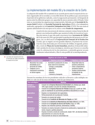 La implementación del modelo ISI y la creación de la Corfo
La adopción del modelo ISI se sustentó en un acuerdo previo entre la mayoría de los sectores organizados de la sociedad, y se inscribió dentro de las políticas que caracterizaron
el período de los gobiernos radicales, como la negociación permanente y la búsqueda de
pactos entre los diferentes grupos con capacidad de ejercer presión sobre el Estado. Entre
estos se encontraban las organizaciones empresariales, lideradas por la Sociedad de Fomento Fabril (Sofofa) y la Sociedad Nacional de Agricultura (SNA), y los trabajadores
sindicados, agrupados en la Central de Trabajadores de Chile (CTCh). Por esta razón al
aparato administrativo de esta época se le conoce como Estado de compromiso.
A partir de esta concurrencia de intereses comenzó a tomar forma la idea de
generar una institución pública que asumiera la labor de incentivar la producción interna, la que solo pudo concretarse tras el terremoto de Chillán
del 24 de enero de 1939, que precipitó la aprobación del proyecto en el Congreso. Así, en abril nació la Corporación de Fomento de la Producción
(Corfo), que se originó con tres grandes objetivos. El primero fue reconstruir las zonas destruidas por el terremoto de Chillán; el segundo, pretendió, a través de Planes de Acción Inmediata, planificar el desarrollo industrial y productivo de áreas estratégicas, mientras que el tercero se concebía
como la culminación de los dos anteriores, y pretendía generar un país
totalmente industrializado y libre lo más posible de la interdependencia.
	 Las tareas de reconstrucción tras
el terremoto de Chillán precipitaron
la creación de la Corfo.

Objetivos de la Corfo en 1939
1. Objetivos urgentes

2. Objetivos estratégicos

•	 Reconstruir las zonas
devastadas por el
terremoto de Chillán.
•	 Colaborar con la
reactivación económica
en dichos lugares.

•	 Aumentar la producción en cinco
áreas clave de la economía:
- Energía y combustible.
- Agricultura.
- Minería.
- Industria.
- Comercio y transporte.

3. Objetivos a largo plazo
•	 Desarrollar todos los
sectores productivos.
•	 Evitar la dependencia
económica externa.
•	 Sustituir prácticamente
la totalidad de las
importaciones.

Durante los mandatos de los tres presidentes radicales se llevaron a cabo múltiples medidas en cada una de las áreas estratégicas, entre las que destacaron:
Área estratégica

Medidas

Energía y
combustible

•	 Creación de la Empresa Nacional de Electricidad S. A. (Endesa) que, desde
1943, logró construir una serie de centrales hidroeléctricas.
•	 Creación de la Empresa Nacional de Petróleo (Enap) que, a partir de 1950,
puso en explotación los yacimientos petrolíferos descubiertos en el país.

Agricultura

•	 Impulso a la mecanización de la agricultura.
•	 Perfeccionamiento de la producción frutícola.

Minería

•	 Fomento a la minería del carbón.
•	 Creación de la Fundición de Minerales de Paipote, en 1947.

Industria

•	 Creación de la Industria de Manufacturas del Cobre (Madeco), en 1944.
•	 Creación de la Compañía de Aceros del Pacífico (Cap), en 1946.
•	 Impulso a las industrias químicas, alimentarias y textiles.

Comercio y
transporte

•	 Fomento a la marina mercante a través de la construcción y reparación de
navíos, buques y goletas pesqueras.
•	 Impulso al turismo a través de construcción, desde 1941, de diversos hoteles,
especialmente en la Zona Sur del país.
•	 Financiamiento de obras de conectividad vial.

82 Unidad 2 • El Estado como eje del desarrollo nacional	

 