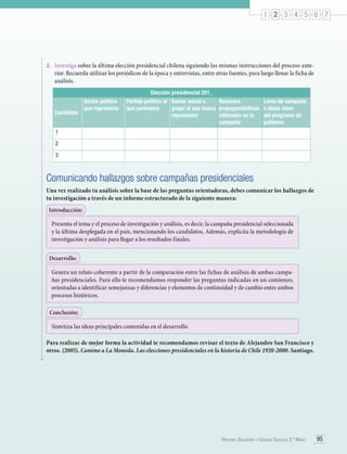 1 2 3 4 5 6 7

2.	 Investiga sobre la última elección presidencial chilena siguiendo las mismas instrucciones del proceso anterior. Recuerda utilizar los periódicos de la época y entrevistas, entre otras fuentes, para luego llenar la ficha de
análisis.

Candidato

Sector político
que representa

Elección presidencial 201_
Partido político al Sector social o
Recursos
que pertenece
grupo al que busca propagandísticos
representar
utilizados en la
campaña

Lema de campaña
e ideas clave
del programa de
gobierno

1
2
3

Comunicando hallazgos sobre campañas presidenciales
Una vez realizado tu análisis sobre la base de las preguntas orientadoras, debes comunicar los hallazgos de
tu investigación a través de un informe estructurado de la siguiente manera:
Introducción:
Presenta el tema y el proceso de investigación y análisis, es decir, la campaña presidencial seleccionada
y la última desplegada en el país, mencionando los candidatos. Además, explicita la metodología de
investigación y análisis para llegar a los resultados finales.
Desarrollo:
Genera un relato coherente a partir de la comparación entre las fichas de análisis de ambas campañas presidenciales. Para ello te recomendamos responder las preguntas indicadas en un comienzo,
orientadas a identificar semejanzas y diferencias y elementos de continuidad y de cambio entre ambos
procesos históricos.
Conclusión:
Sintetiza las ideas principales contenidas en el desarrollo.
Para realizar de mejor forma la actividad te recomendamos revisar el texto de Alejandro San Francisco y
otros. (2005). Camino a La Moneda. Las elecciones presidenciales en la historia de Chile 1920-2000. Santiago.

Historia, Geografía y Ciencias Sociales 3.º Medio

95

 