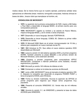 medico desea. De la misma forma que en nuestro ejemplo, podríamos señalar otras
aplicaciones en diferentes áreas: medicina, tomografia computada, historias clinicas en
bases de datos , brazos robot que reemplazan al hombre, etc.

       CRONOLOGIA DE MICROSOFT

          1975: La aparición de la primera computadora ALTAIR, inspira a Bill Gates
           y Paul Allen a desarrollar el lenguaje BASIC, el primero escrito para una
           computadora personal.
          1976: MICROSOFT registra su nombre y se asienta en Nuevo México,
           mejora el lenguaje BASIC, y se lo vende a varias empresas.
          1977: Desarrolla un nuevo lenguaje, llamado FORTRAN 80.
          1978: Desarrolla su tercer lenguaje, COBOL 80. Obtiene su primer millón
           de dólares en ventas.
          1979: El Microsoft 8080 Basic es el primer microprocesador de 16 bits y
           obtiene gran aceptación en nuevo mercado de las PC.
          1981: IBM Introduce la PC. Que utiliza el nuevo sistema operativo DOS
           desarrollado por Microsoft.
          1983: Lanza la versión 2.0 del sistema operativo DOS y el primer programa
           WORD. También presenta su propio MOUSE y una primera versión de
           Microsoft Windows, como extensión del DOS.
          1984: Empieza a proveer programas para computadoras APPLE
           MACINTOSH. Comienzan a fabricar periféricos como teclados, mouses
           ergonómicos y joysticks.
          1985: Microsoft ya vendía 140 millones de dólares al año.
          1986: Comienzan a cotizar en la bolsa las acciones de Microsoft.
          1987: Junto a IBM, MICROSOFT lanza al mercado el sistema operativo OS
           2. Adquiere la compañía que desarrolló el programa POWER POINT y
           lanza el programa EXCEL para Windows.
          1989: Forma su división multimedia. Anuncia la aparición de OFFICE el
           primer programa para negocios que integra varios programas muy
           populares.
          1990: Presenta el conocido WINDOWS 3.0. Vende más de mil millones
           anuales.
          1992: Anuncia la versión 3.1. de WINDOWS y presenta la base de datos
           ACCESS para WINDOWS.
 