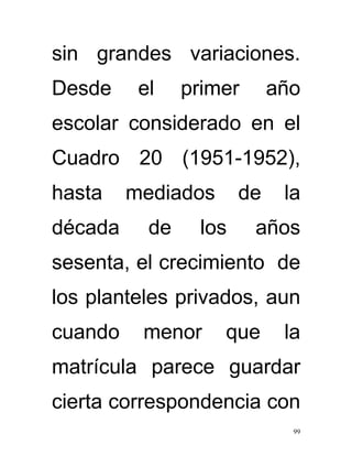 sin grandes variaciones.
Desde     el    primer       año
escolar considerado en el
Cuadro 20 (1951-1952),
hasta    mediados       de    la
década     de     los    años
sesenta, el crecimiento de
los planteles privados, aun
cuando    menor     que       la
matrícula parece guardar
cierta correspondencia con
                               99
 