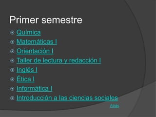 Primer semestre
 Química
 Matemáticas I
 Orientación I
 Taller de lectura y redacción I
 Inglés I
 Ética I
 Informática I
 Introducción a las ciencias sociales
                                   Atrás
 