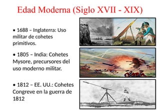 Edad Moderna (Siglo XVII - XIX)
• 1688 – Inglaterra: Uso
militar de cohetes
primitivos.
• 1805 – India: Cohetes
Mysore, precursores del
uso moderno militar.
• 1812 – EE. UU.: Cohetes
Congreve en la guerra de
1812
 
