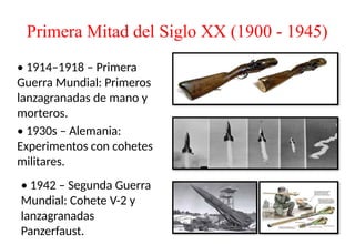Primera Mitad del Siglo XX (1900 - 1945)
• 1914–1918 – Primera
Guerra Mundial: Primeros
lanzagranadas de mano y
morteros.
• 1930s – Alemania:
Experimentos con cohetes
militares.
• 1942 – Segunda Guerra
Mundial: Cohete V-2 y
lanzagranadas
Panzerfaust.
 