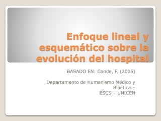 Enfoque lineal y
esquemático sobre la
evolución del hospital
BASADO EN: Conde, F. (2005)
Departamento de Humanismo Médico y
Bioética –
ESCS – UNICEN
 
