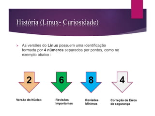 História (Linux- Curiosidade) 
 As versões do Linux possuem uma identificação 
formada por 4 números separados por pontos, como no 
exemplo abaixo : 
2 6 8 4 
Versão do Núcleo Revisões 
Importantes 
Revisões 
Mínimas 
Correção de Erros 
de segurança 
 