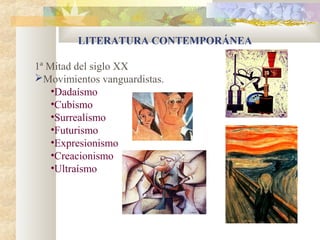 LITERATURA CONTEMPORÁNEA

1ª Mitad del siglo XX
Movimientos vanguardistas.
    •Dadaísmo
    •Cubismo
    •Surrealismo
    •Futurismo
    •Expresionismo
    •Creacionismo
    •Ultraísmo
 