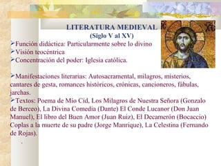 LITERATURA MEDIEVAL
                             (Siglo V al XV)
Función didáctica: Particularmente sobre lo divino
Visión teocéntrica
Concentración del poder: Iglesia católica.

Manifestaciones literarias: Autosacramental, milagros, misterios,
cantares de gesta, romances históricos, crónicas, cancioneros, fábulas,
jarchas.
Textos: Poema de Mío Cid, Los Milagros de Nuestra Señora (Gonzalo
de Berceo), La Divina Comedia (Dante) El Conde Lucanor (Don Juan
Manuel), El libro del Buen Amor (Juan Ruiz), El Decamerón (Bocaccio)
Coplas a la muerte de su padre (Jorge Manrique), La Celestina (Fernando
de Rojas).
    .
 