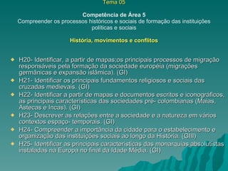 Tema 05 Competência de Área 5 Compreender os processos históricos e sociais de formação das instituições políticas e sociais História, movimentos e conflitos H20- Identificar, a partir de mapas;os principais processos de migração responsáveis pela formação da sociedade européia (migrações germânicas e expansão islâmica). (GI) H21- Identificar os principais fundamentos religiosos e sociais das cruzadas medievais. (GI) H22- Identificar a partir de mapas e documentos escritos e iconográficos, as principais características das sociedades pré- colombianas (Maias, Astecas e Incas). (GI) H23- Descrever as relações entre a sociedade e a natureza em vários contextos espaço- temporais. (GI) H24- Compreender a importância da cidade para o estabelecimento e organização das instituições sociais ao longo da História. (GIII) H25- Identificar as principais características das monarquias absolutistas instaladas na Europa no final da Idade Média. (GI) 
