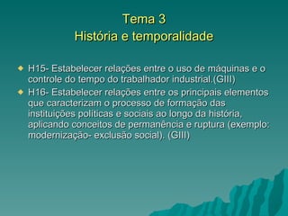 Tema 3 História e temporalidade H15- Estabelecer relações entre o uso de máquinas e o controle do tempo do trabalhador industrial.(GIII) H16- Estabelecer relações entre os principais elementos que caracterizam o processo de formação das instituições políticas e sociais ao longo da história, aplicando conceitos de permanência e ruptura (exemplo: modernização- exclusão social). (GIII) 