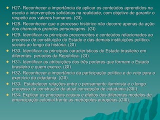H27- Reconhecer a importância de aplicar os conteúdos aprendidos na escola a intervenções solidárias na realidade, com objetivo de garantir o respeito aos valores humanos. (GI) H28- Reconhecer que o processo histórico não decorre apenas da ação dos chamados grandes personagens. (GI) H29- Identificar os principais preconceitos e conteúdos relacionados ao processo de constituição do Estado e das demais instituições político-sociais ao longo da história. (GI) H30- Identificar as principais características do Estado brasileiro em diferentes  períodos da República. (GI) H31- Identificar as atribuições dos três poderes que formam o Estado brasileiro e quem exerce. (GI) H32- Reconhecer a importância da participação política e do voto para o exercício da cidadania. (GII) H33-  Estabelecer relações entre o pensamento iluminista e o longo processo de construção da atual concepção de cidadania.(GIII) H34- Explicar as principais causas e efeitos dos diferentes modelos de emancipação colonial frente as metrópoles européias.(GIII) 