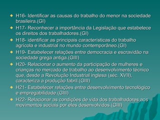 H16- Identificar as causas do trabalho do menor na sociedade brasileira.(GI) H17- Reconhecer a importância da Legislação que estabelece os direitos dos trabalhadores.(GI) H18- identificar as principais características do trabalho agrícola e industrial no mundo contemporâneo.(GI) H19- Estabelecer relações entre democracia e escravidão na sociedade grega antiga.(GIII) H20- Relacionar o aumento da participação de mulheres e crianças no mercado de trabalho ao desenvolvimento técnico que, desde a Revolução Industrial inglesa (séc. XVII), caracteriza a produção fabril.(GIII) H21- Estabelecer relações entre desenvolvimento tecnológico e empregabilidade.(GIII) H22- Relacionar as condições de vida dos trabalhadores aos movimentos sociais por eles desenvolvidos.(GIII) 