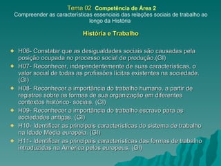   Tema 02  Competência de Área 2 Compreender as características essenciais das relações sociais de trabalho ao longo da História   História e Trabalho H06- Constatar que as desigualdades sociais são causadas pela posição ocupada no processo social de produção.(GI) H07- Reconhecer, independentemente de suas características, o valor social de todas as profissões lícitas existentes na sociedade. (GI) H08- Reconhecer a importância do trabalho humano, a partir de registros sobre as formas de sua organização em diferentes contextos histórico- sociais. (GI) H09- Reconhecer a importância do trabalho escravo para as sociedades antigas. (GI) H10- Identificar as principais características do sistema de trabalho na Idade Média européia. (GI) H11- Identificar as principais características das formas de trabalho introduzidas na América pelos europeus. (GI) 