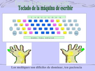1 2 3 4 5 6 8 9 0 ?
Q W E R T Y U I O P
A S D F G H J K L
Z X C V N M
, .
Ñ ;:
MayoMay
7
BARRA PARA ESPACIAR
T A B U L A D O R
´¨
B
Los meñiques son difíciles de dominar, ten paciencia
 